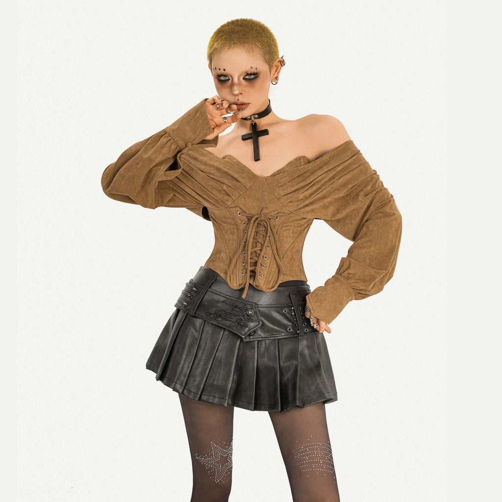Nico_Molly_Slimming_Sexy_One_Shoulder_Tie_Long_Sleeve_Cropped_Caramel_Blouses_MISSTT