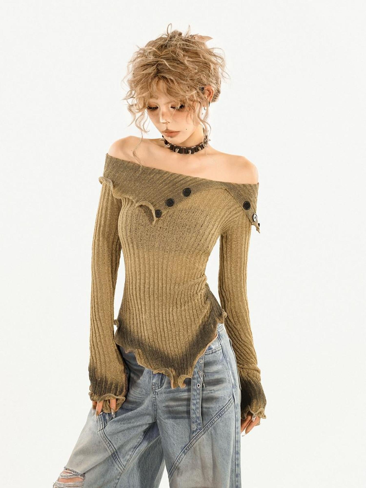 Nico Molly Soft Boatneck Longsleeve Street Regular Fit Khaki Burgundy Knitwear