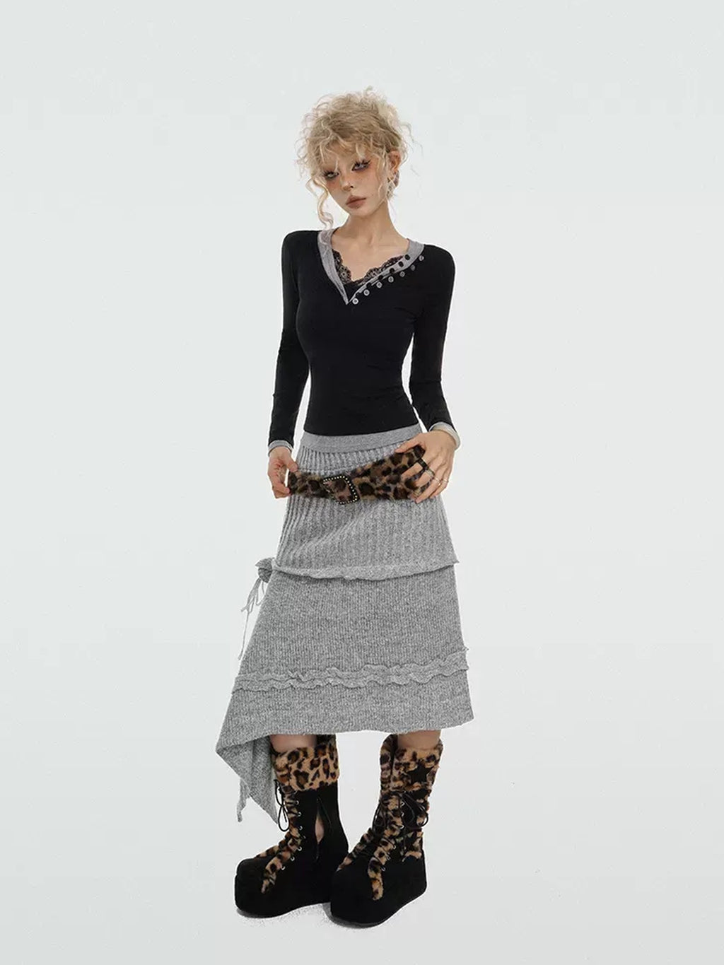 Nico Molly Soft Knit Mid Waist Retro A Line Solid Color Young Women Maxi Skirts