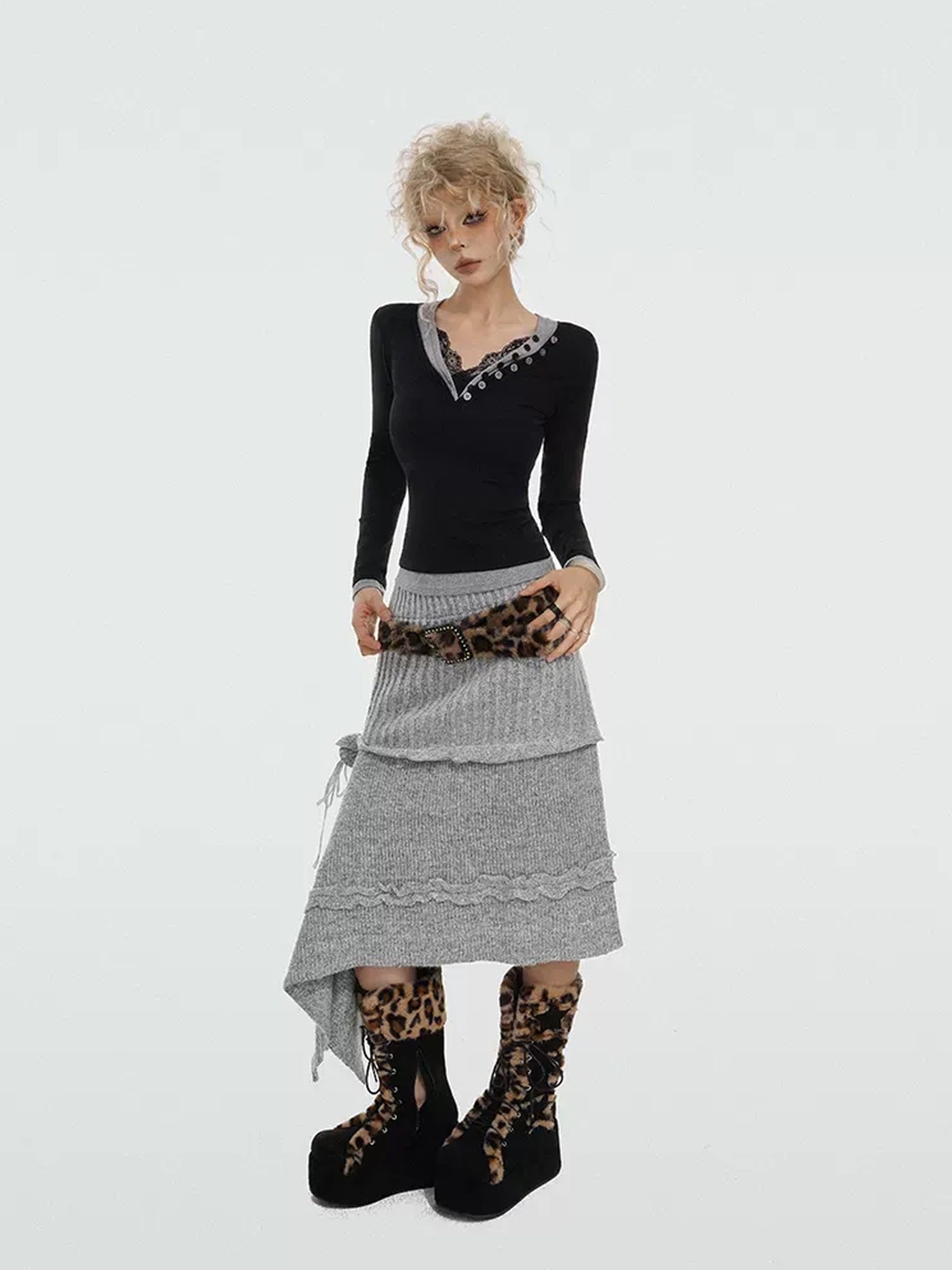 Nico Molly Soft Knit Mid Waist Retro A Line Solid Color Young Women Maxi Skirts