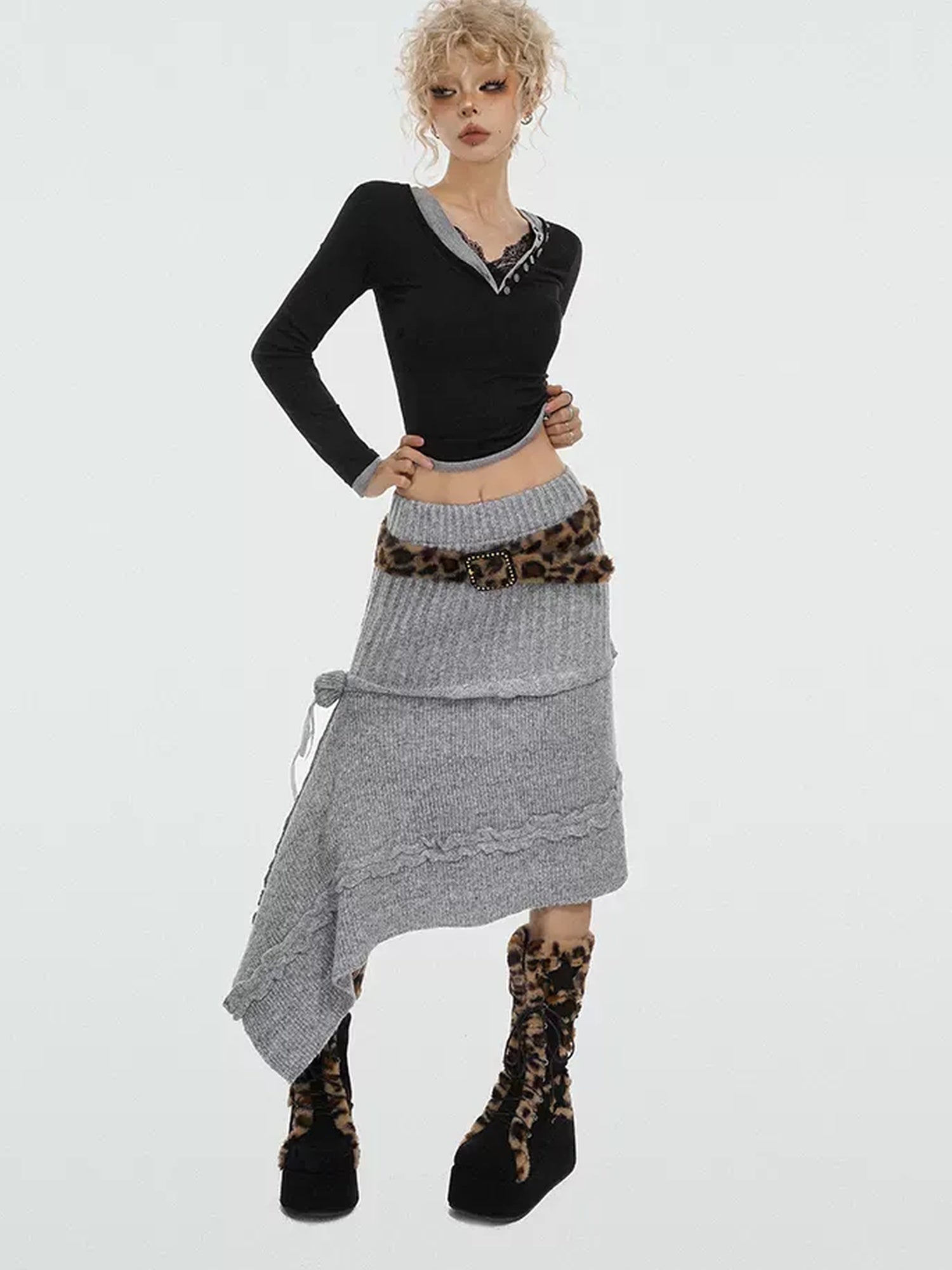 Nico Molly Soft Knit Mid Waist Retro A Line Solid Color Young Women Maxi Skirts