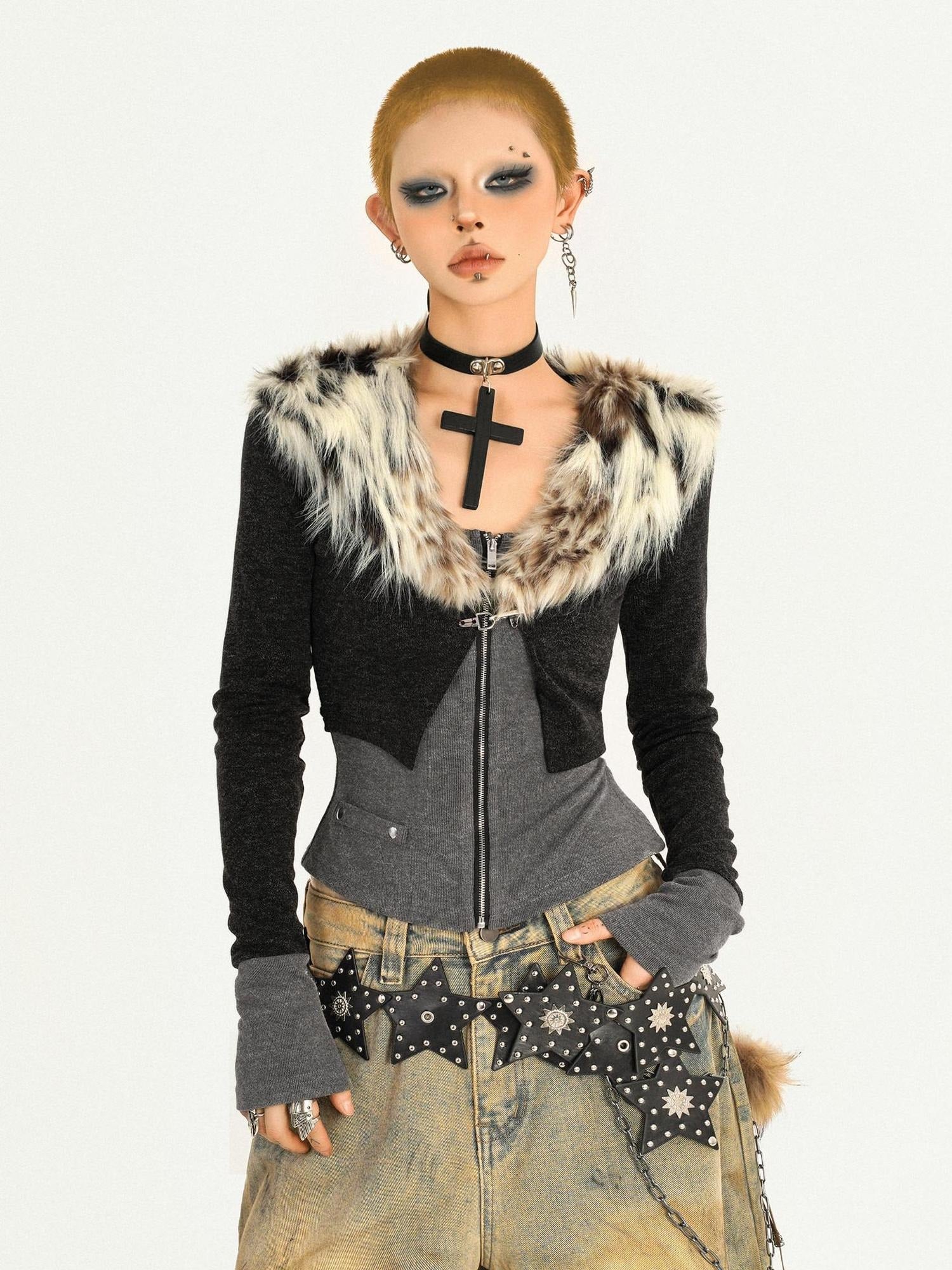Nico Molly Soft Slimming Faux Two Piece Casual Leopard Knit Zip Front Women Cardigans