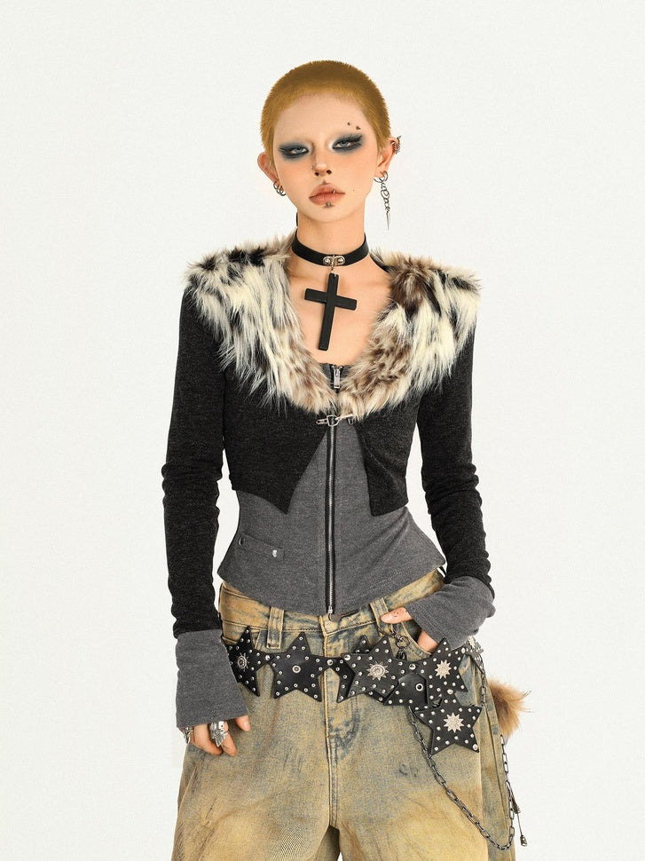 Nico Molly Soft Slimming Faux Two Piece Casual Leopard Knit Zip Front Women Cardigans