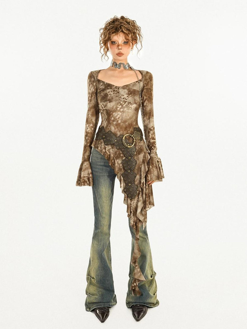Nico Molly Stretch Slim Fit Retro Tie Dye Coffee Brown Womens Casual Flared Pants