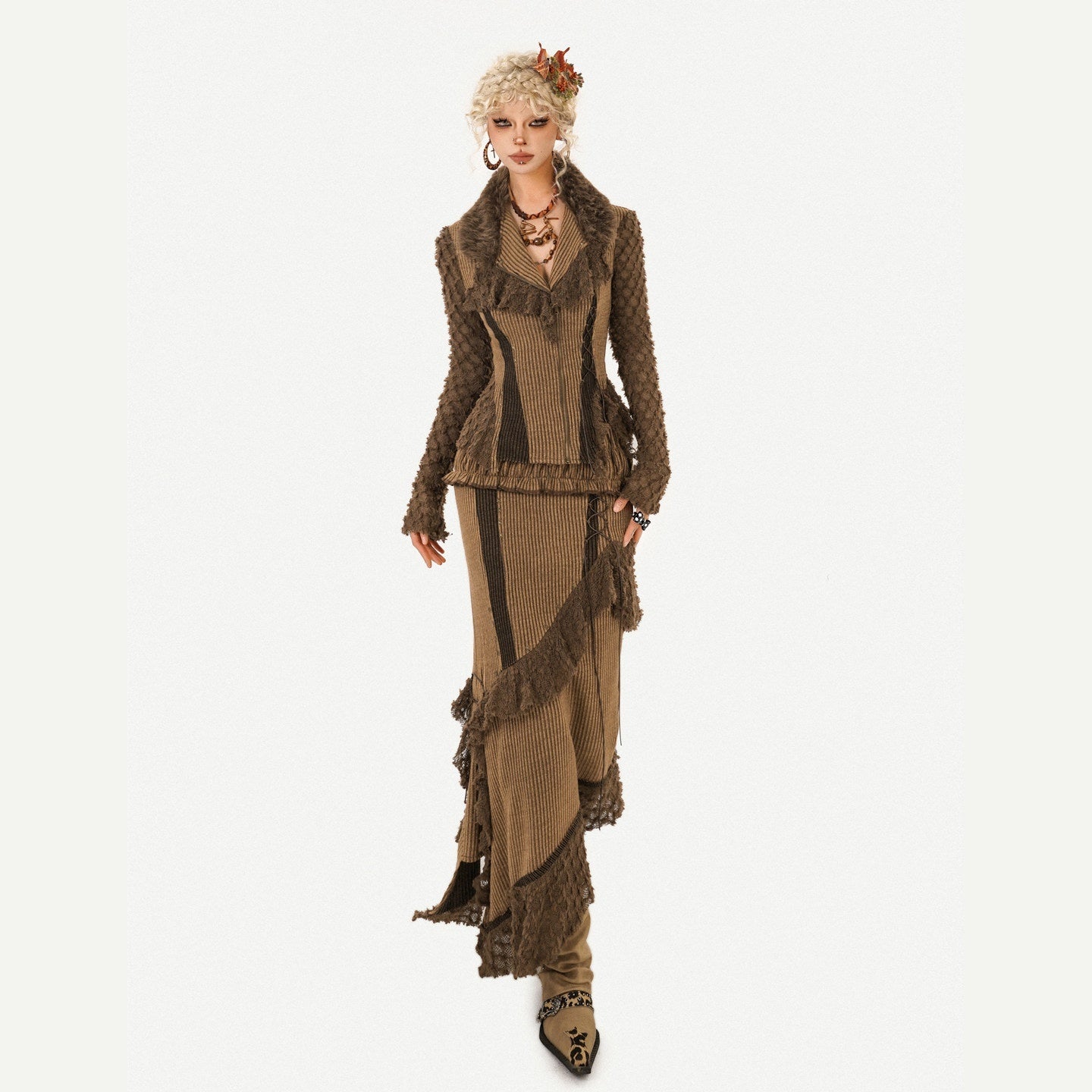 Nico_Molly_Tassel_Striped_Zip_Cardigan_High_Waist_Fitted_Retro_Brown_Top_&_Skirt_Sets_MISSTT