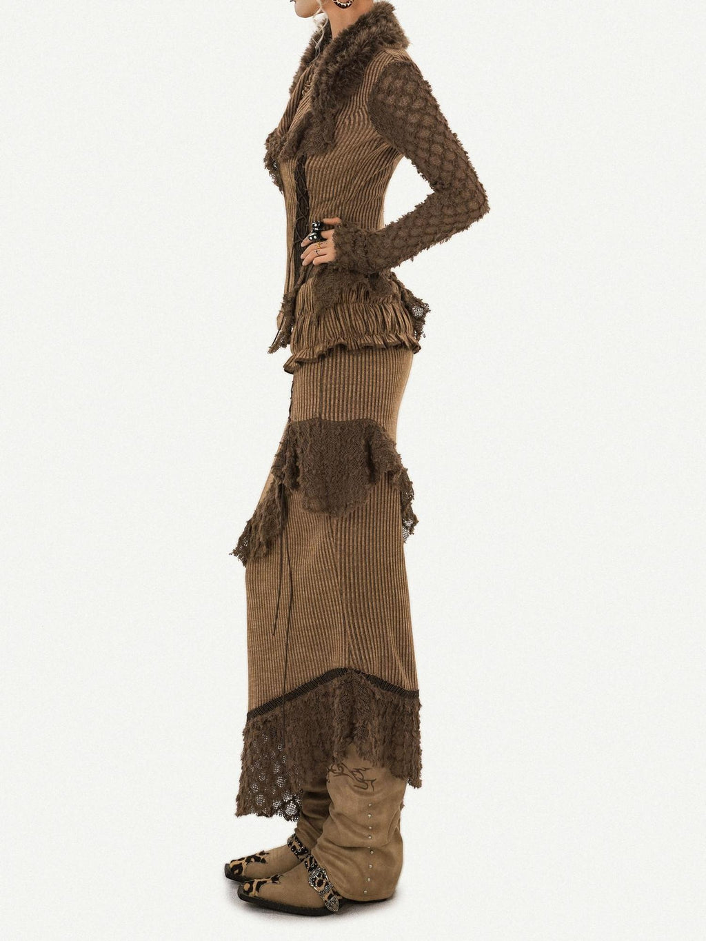 Nico Molly Tassel Striped Zip Cardigan High Waist Fitted Retro Brown Top & Skirt Sets