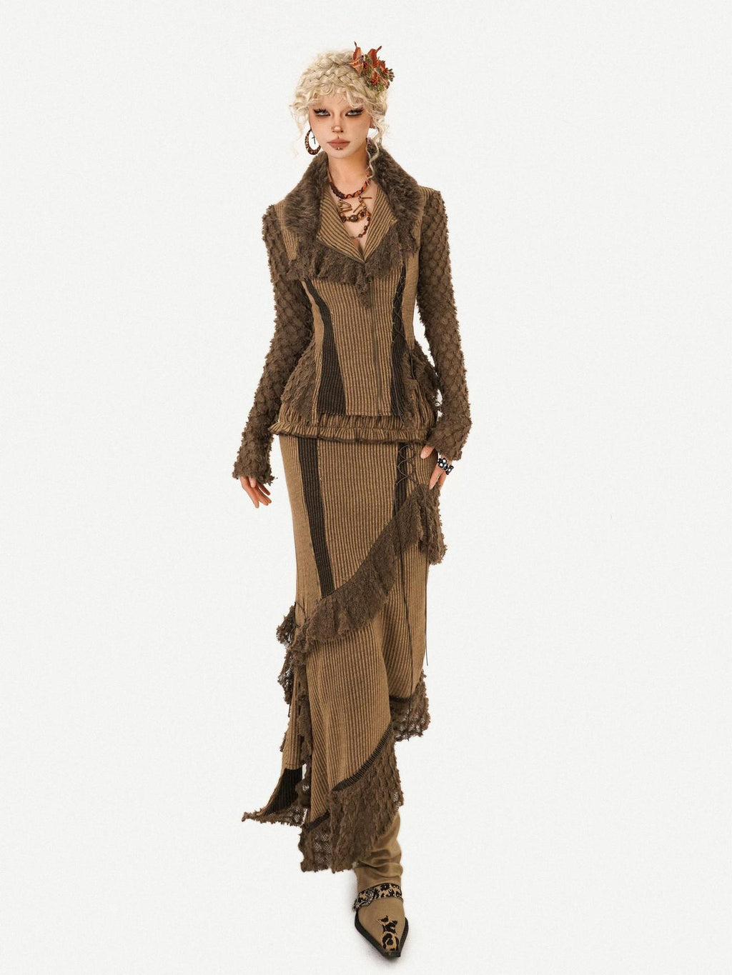 Nico Molly Tassel Striped Zip Cardigan High Waist Fitted Retro Brown Top & Skirt Sets