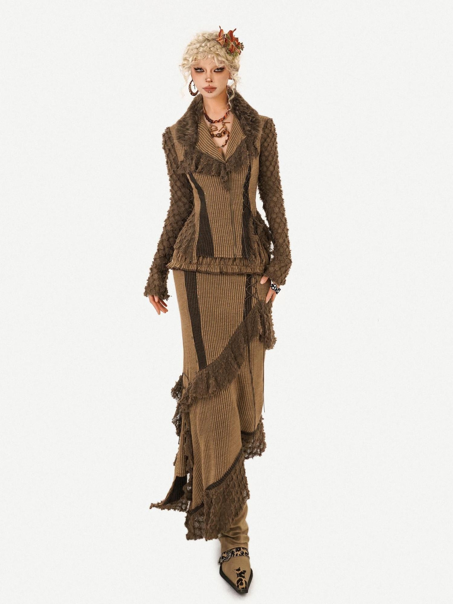 Nico Molly Tassel Striped Zip Cardigan High Waist Fitted Retro Brown Top & Skirt Sets