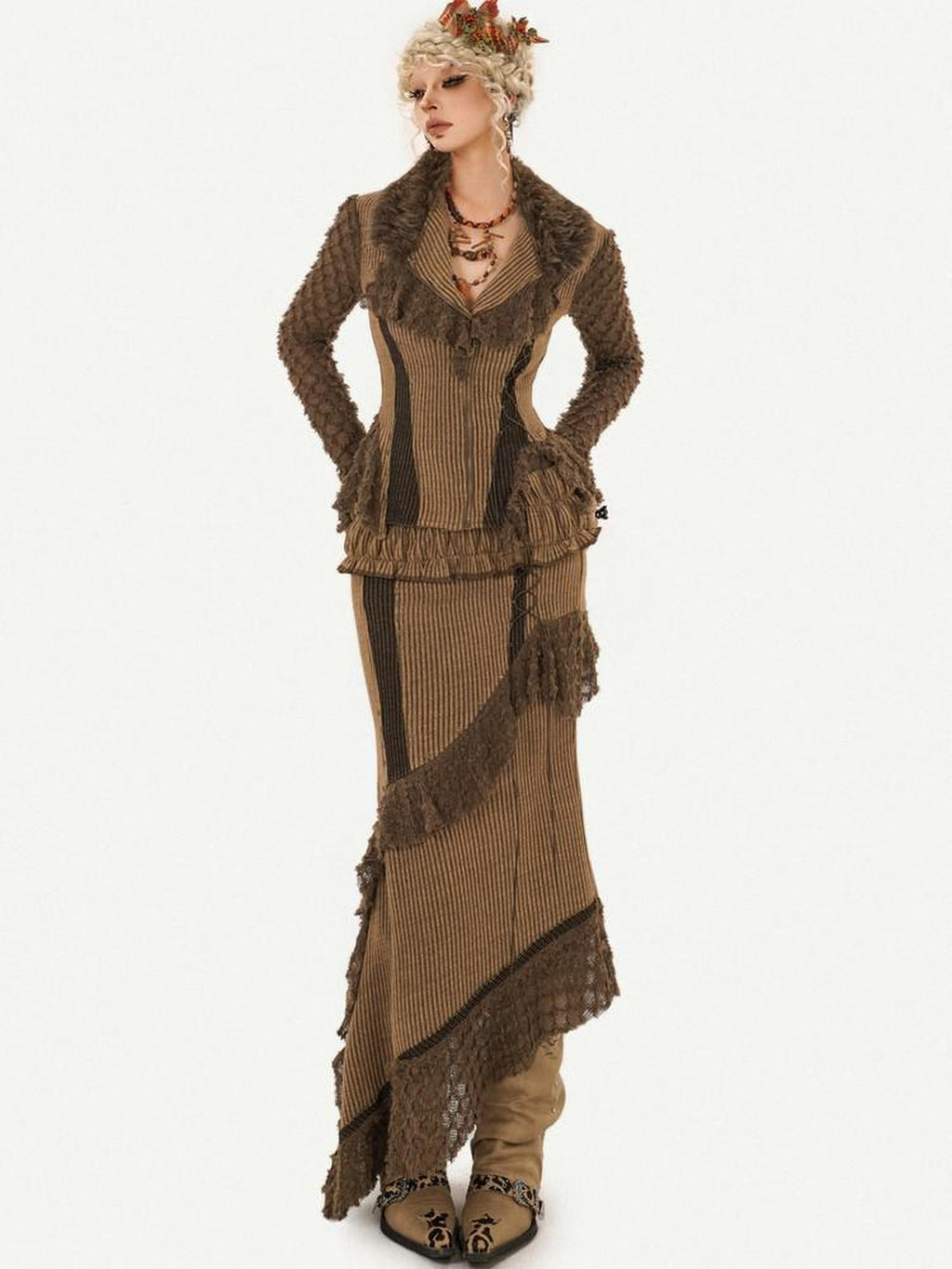 Nico Molly Tassel Striped Zip Cardigan High Waist Fitted Retro Brown Top & Skirt Sets