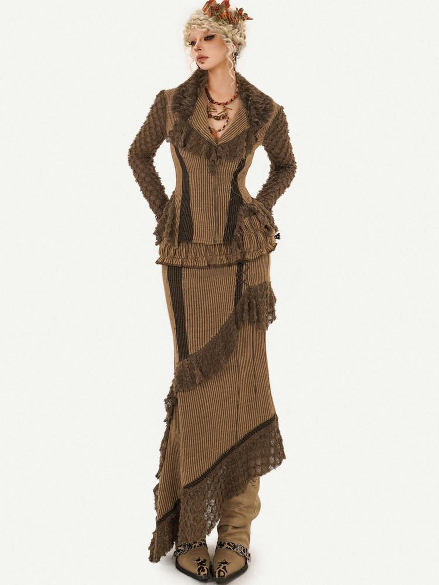 Nico Molly Tassel Striped Zip Cardigan High Waist Fitted Retro Brown Top & Skirt Sets