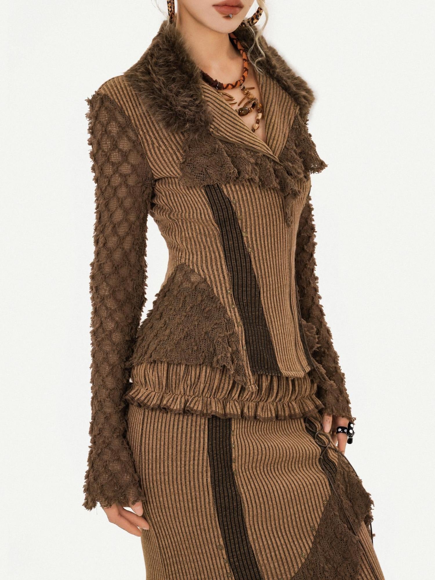 Nico Molly Tassel Striped Zip Cardigan High Waist Fitted Retro Brown Top & Skirt Sets