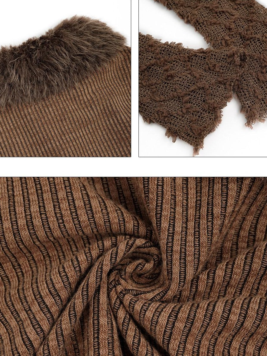 Nico Molly Tassel Striped Zip Cardigan High Waist Fitted Retro Brown Top & Skirt Sets