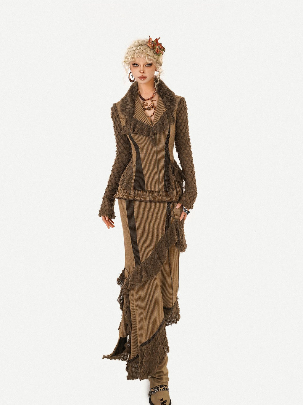 Nico Molly Tassel Striped Zip Cardigan High Waist Fitted Retro Brown Top & Skirt Sets