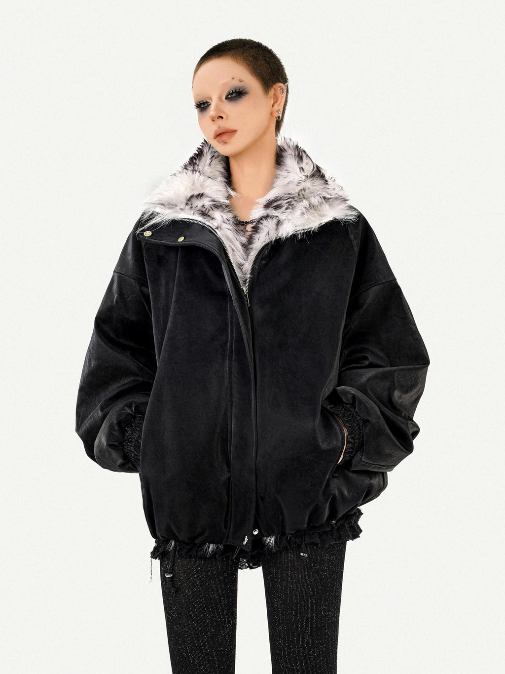 Nico Molly Thick Warm Vintage Loose Fur Collar Zipper Women Black Leather Jackets