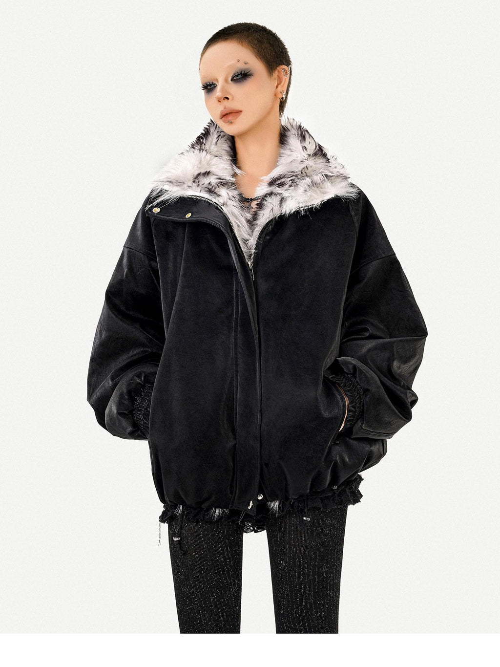 Nico Molly Thick Warm Vintage Loose Fur Collar Zipper Women Black Leather Jackets