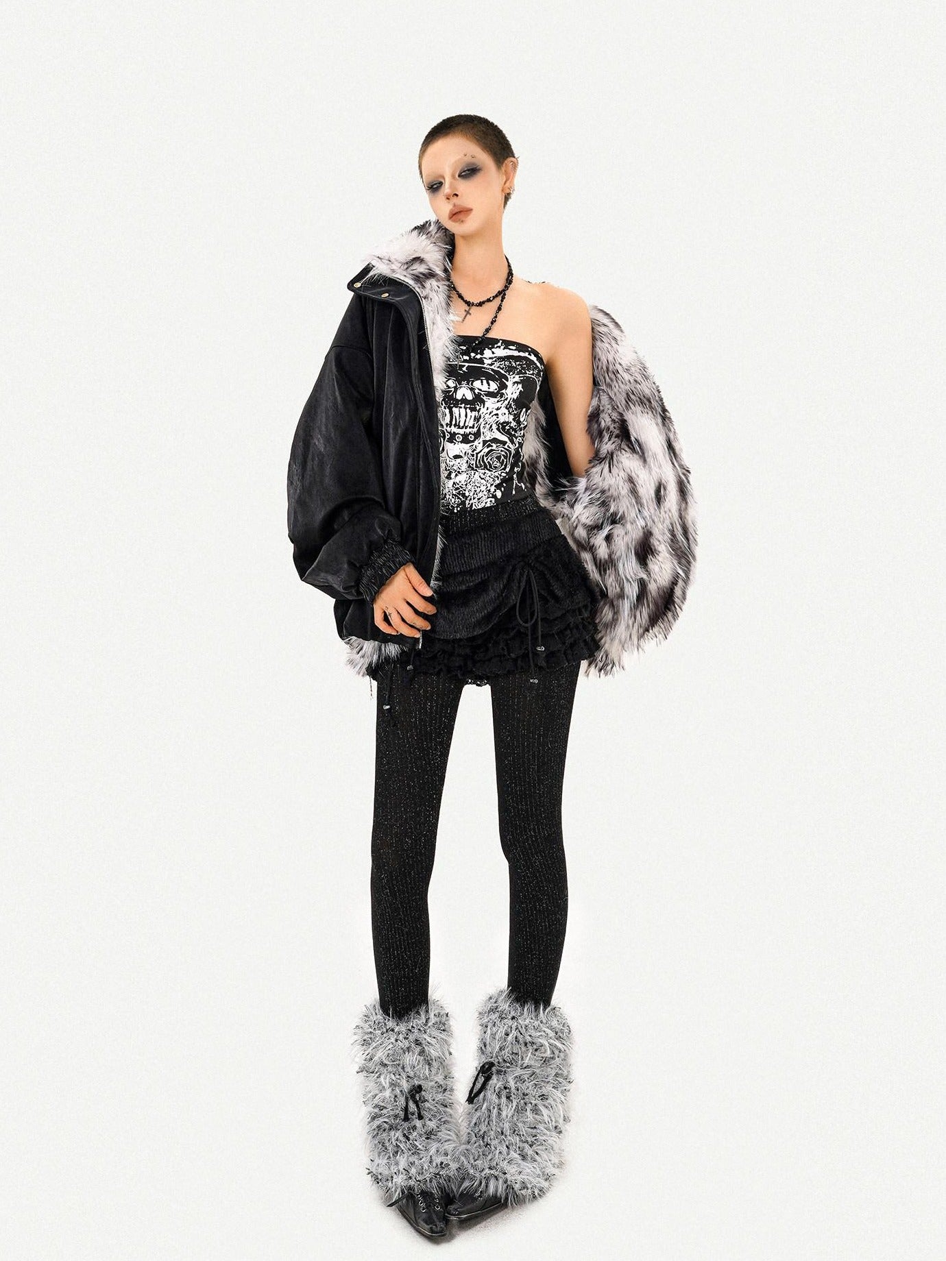 Nico Molly Thick Warm Vintage Loose Fur Collar Zipper Women Black Leather Jackets