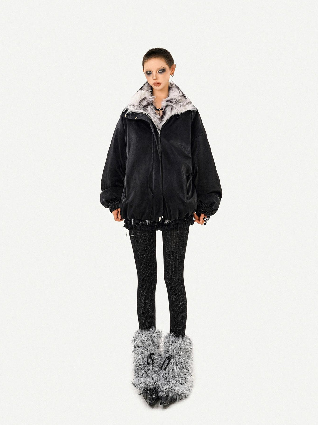Nico Molly Thick Warm Vintage Loose Fur Collar Zipper Women Black Leather Jackets