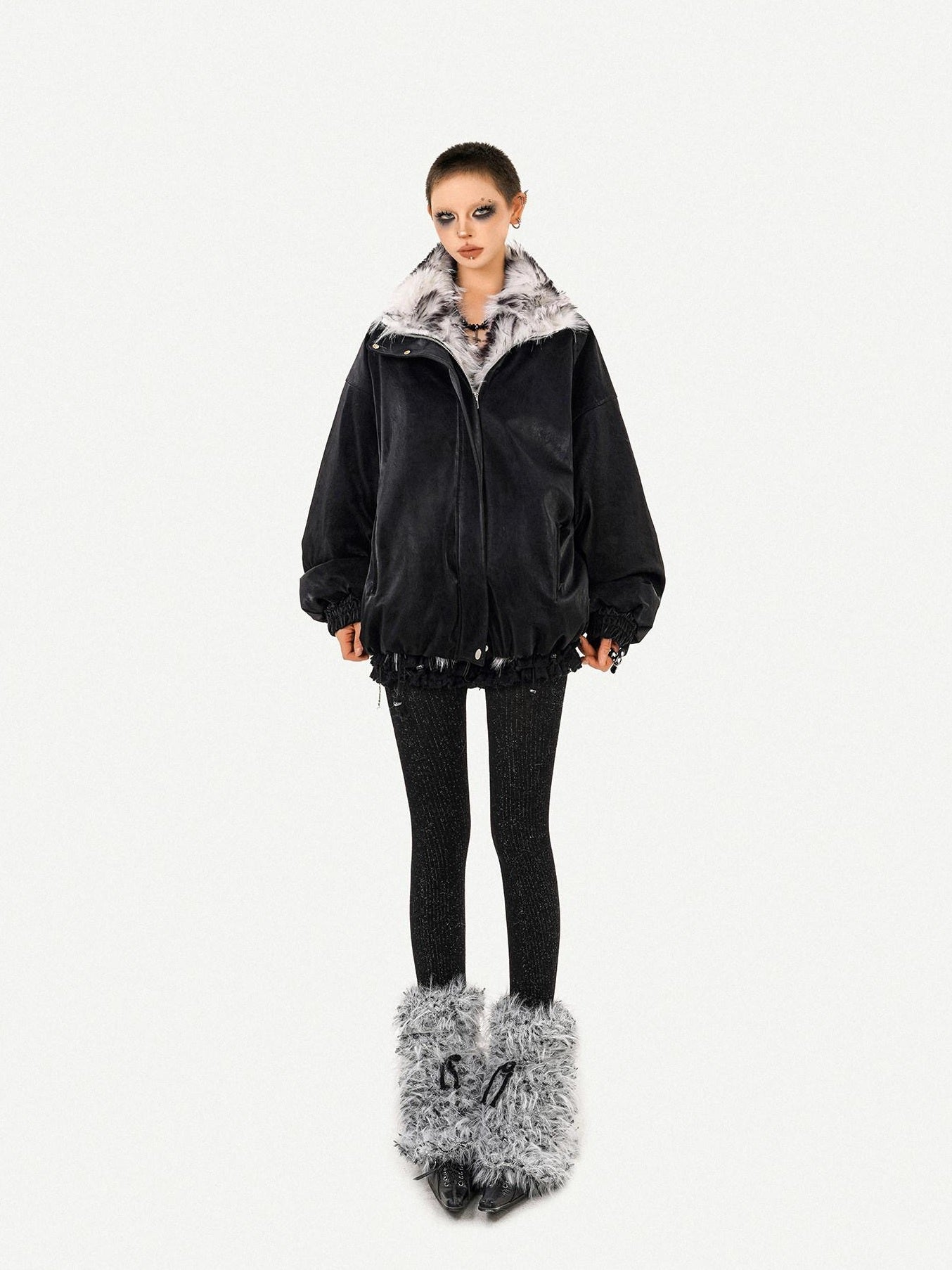 Nico Molly Thick Warm Vintage Loose Fur Collar Zipper Women Black Leather Jackets