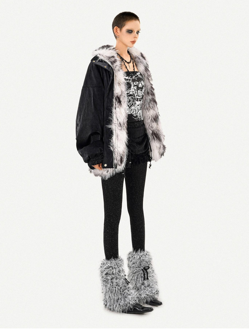 Nico Molly Thick Warm Vintage Loose Fur Collar Zipper Women Black Leather Jackets