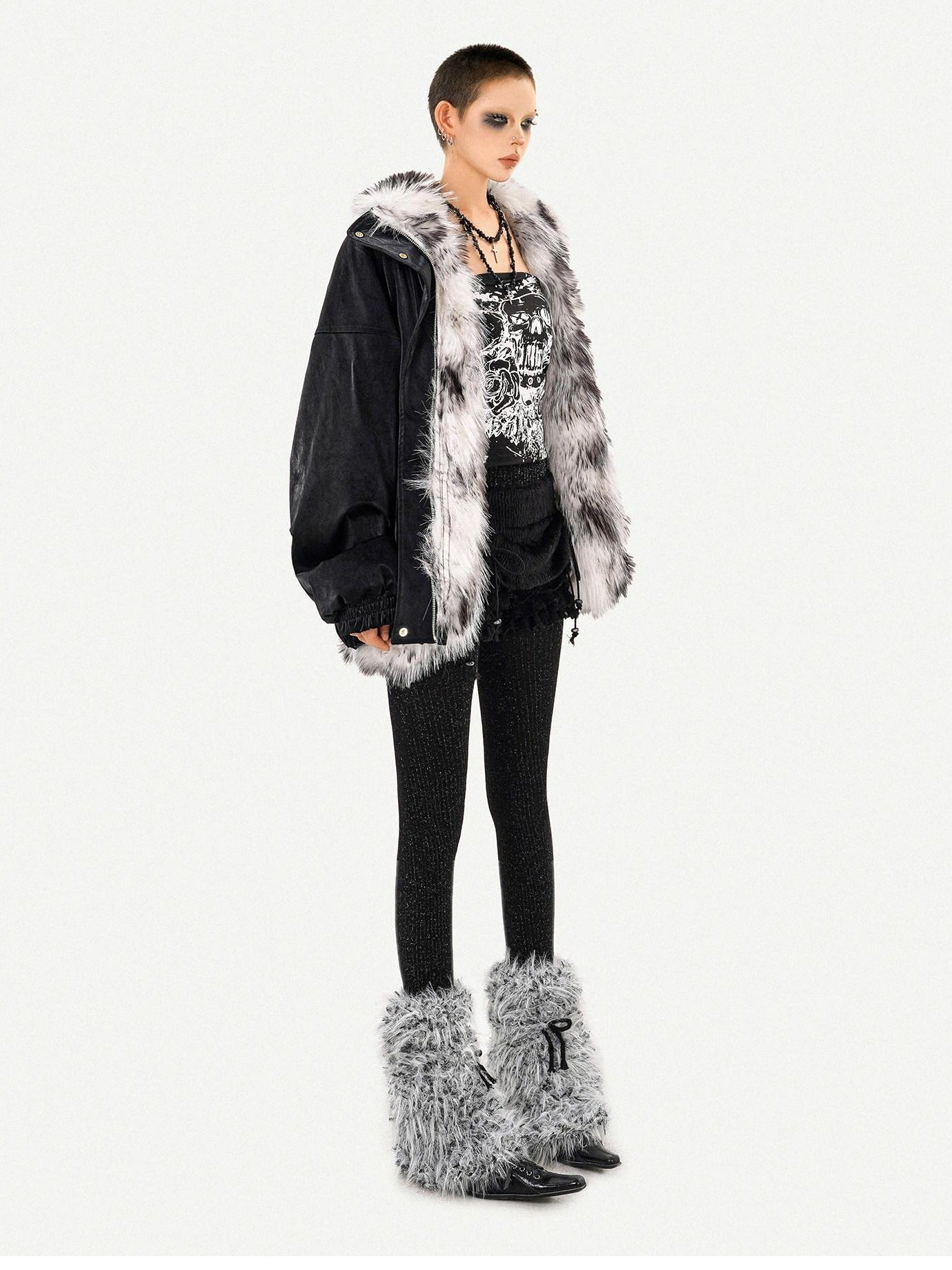 Nico Molly Thick Warm Vintage Loose Fur Collar Zipper Women Black Leather Jackets