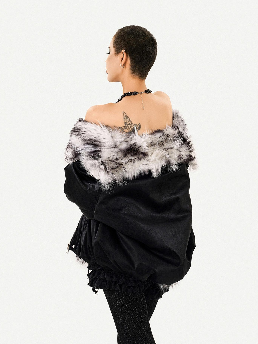Nico Molly Thick Warm Vintage Loose Fur Collar Zipper Women Black Leather Jackets