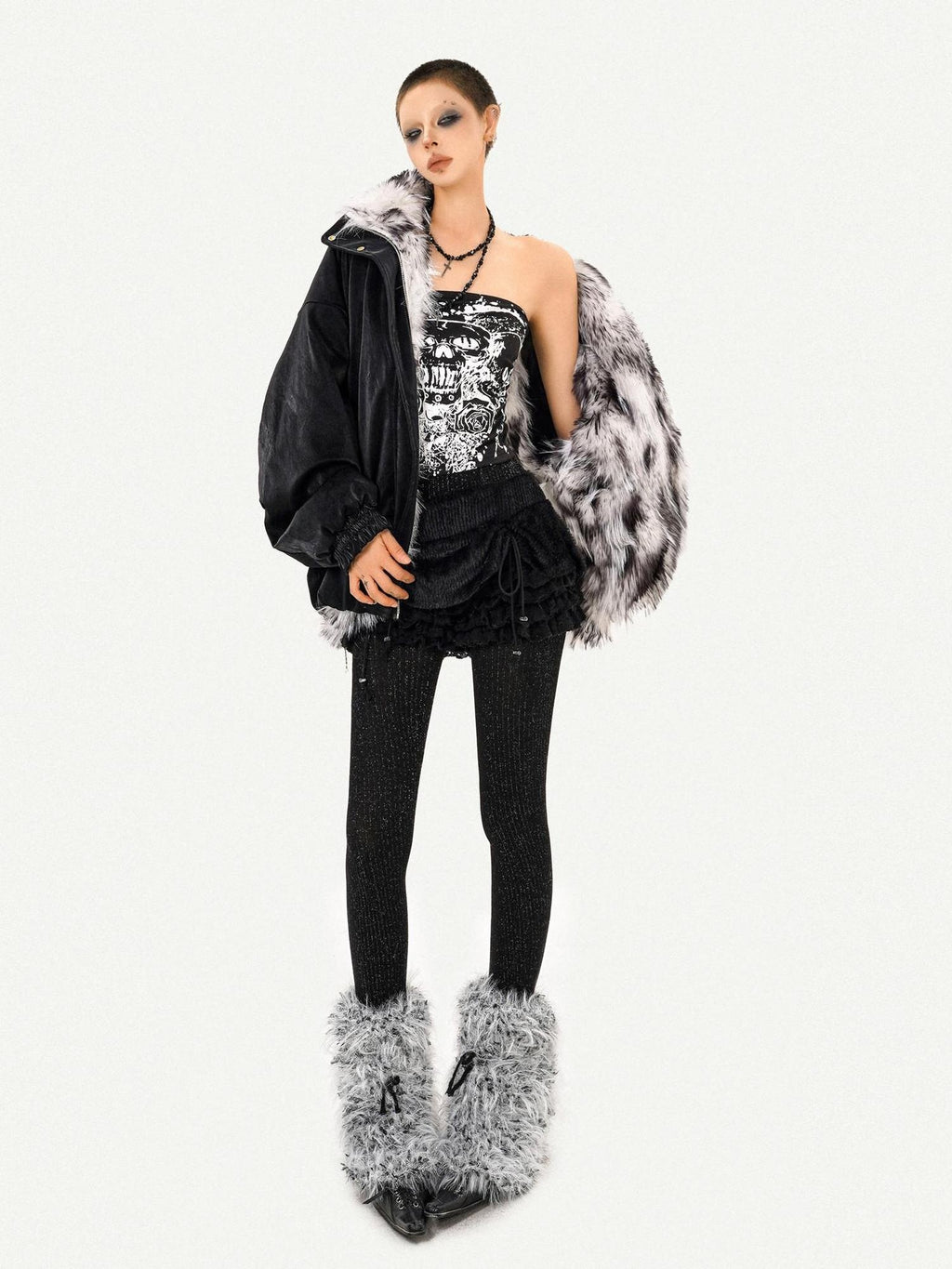 Nico Molly Thick Warm Vintage Loose Fur Collar Zipper Women Black Leather Jackets