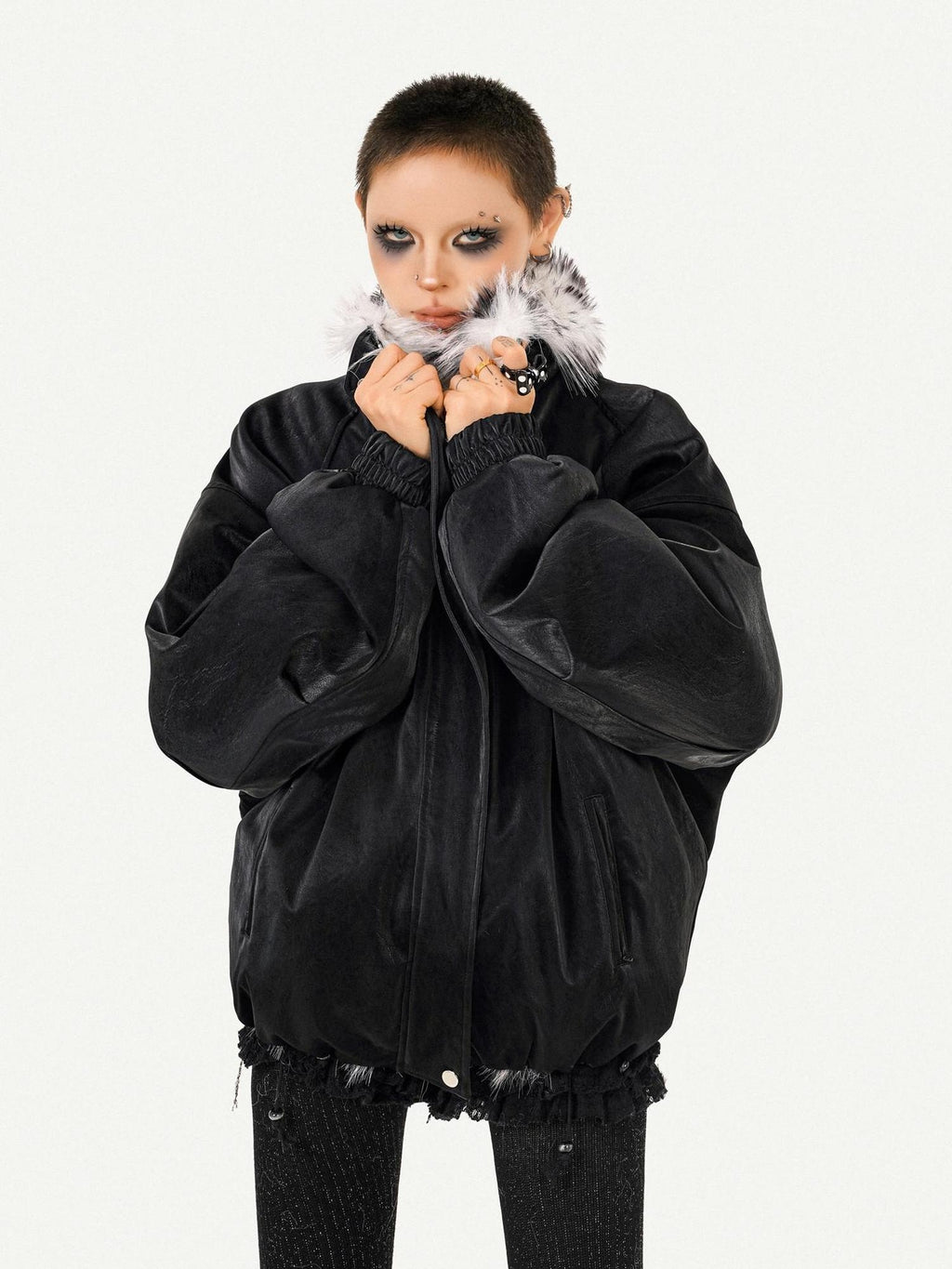 Nico Molly Thick Warm Vintage Loose Fur Collar Zipper Women Black Leather Jackets