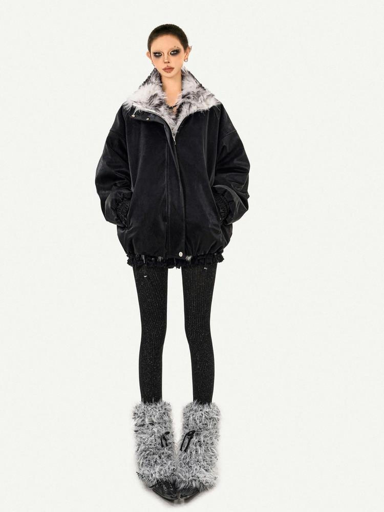 Nico Molly Thick Warm Vintage Loose Fur Collar Zipper Women Black Leather Jackets