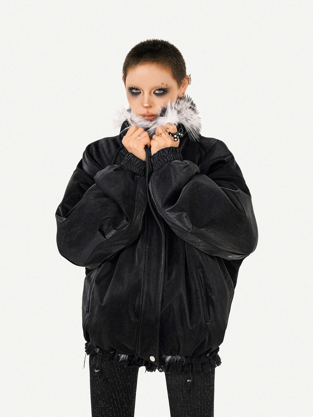 Nico Molly Thick Warm Vintage Loose Fur Collar Zipper Women Black Leather Jackets