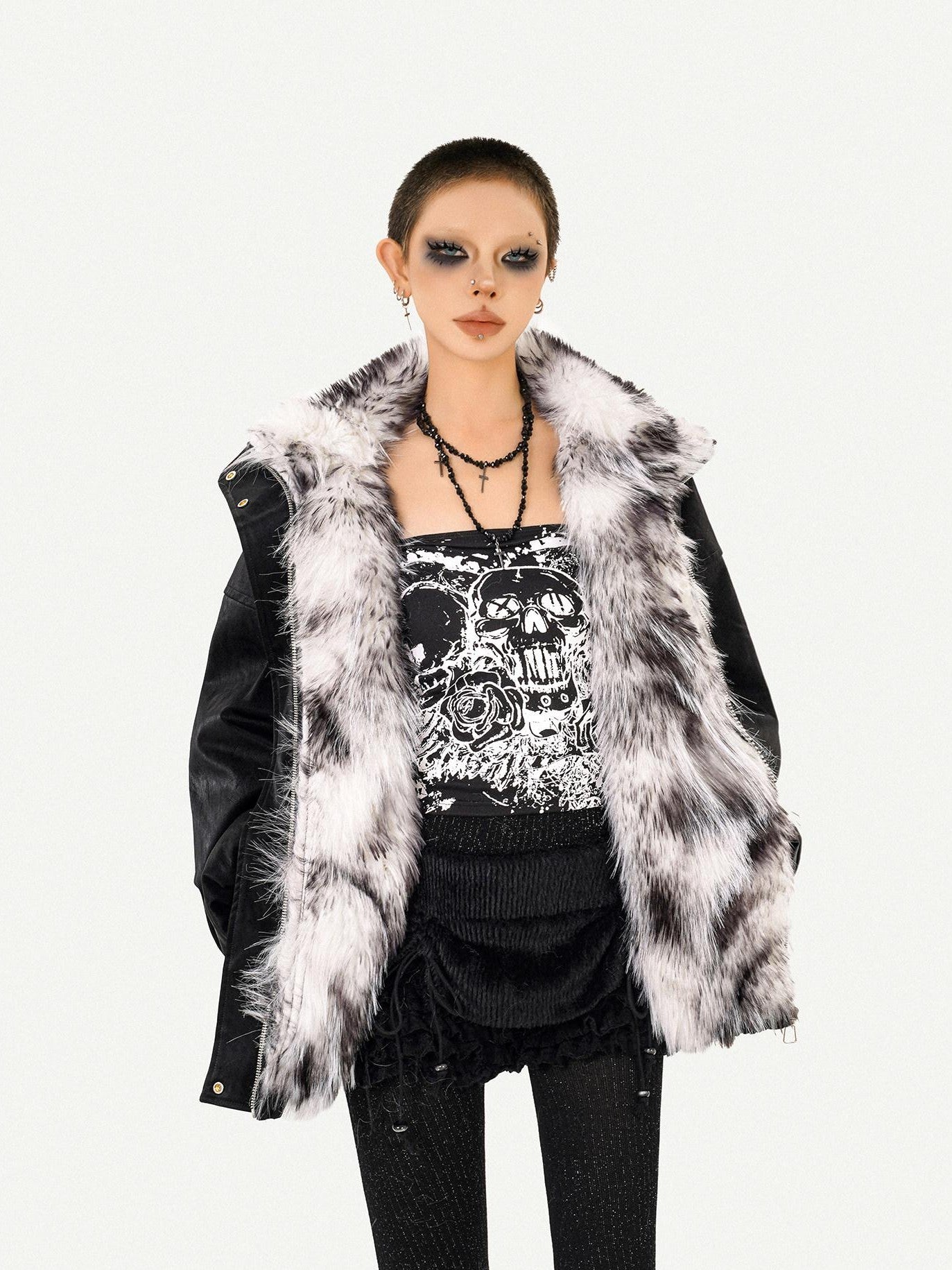 Nico Molly Thick Warm Vintage Loose Fur Collar Zipper Women Black Leather Jackets