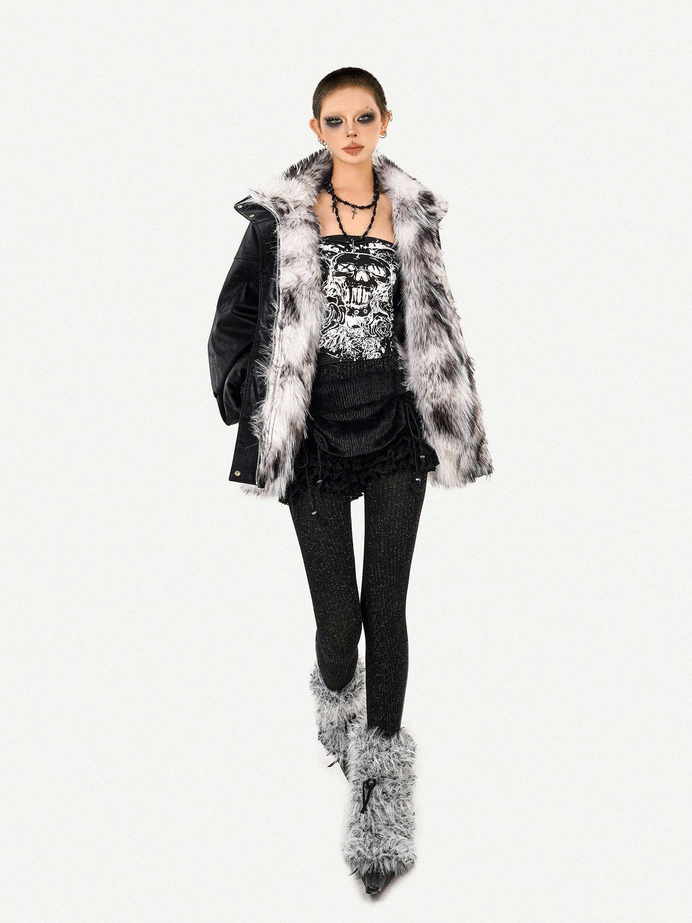 Nico Molly Thick Warm Vintage Loose Fur Collar Zipper Women Black Leather Jackets