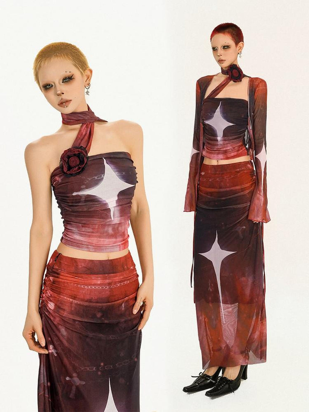 Nico Molly Three Piece Red Punk Long Sleeve Bustier Cardigan Women Crop Top & Skirt Sets