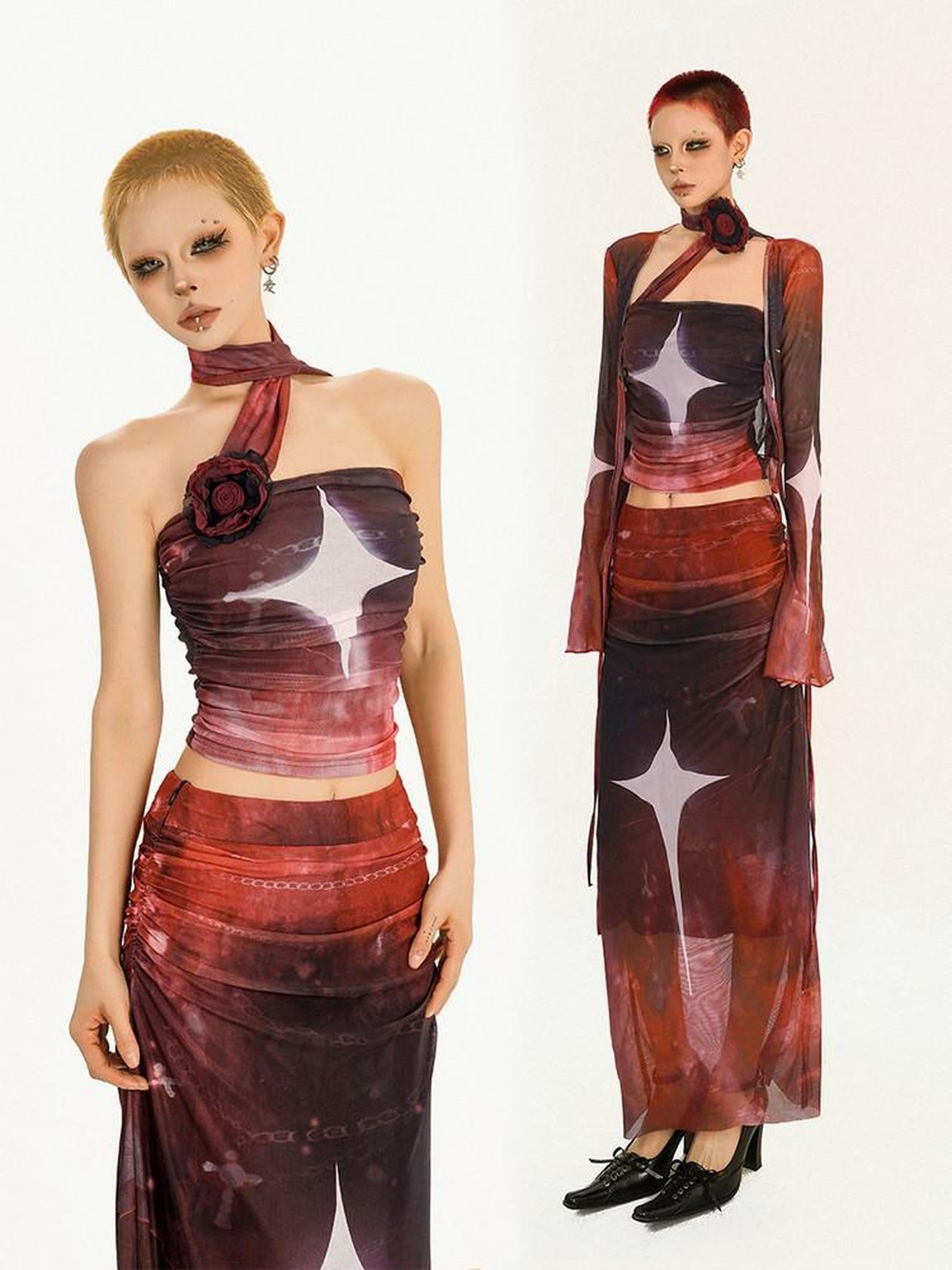 Nico Molly Three Piece Red Punk Long Sleeve Bustier Cardigan Women Crop Top & Skirt Sets