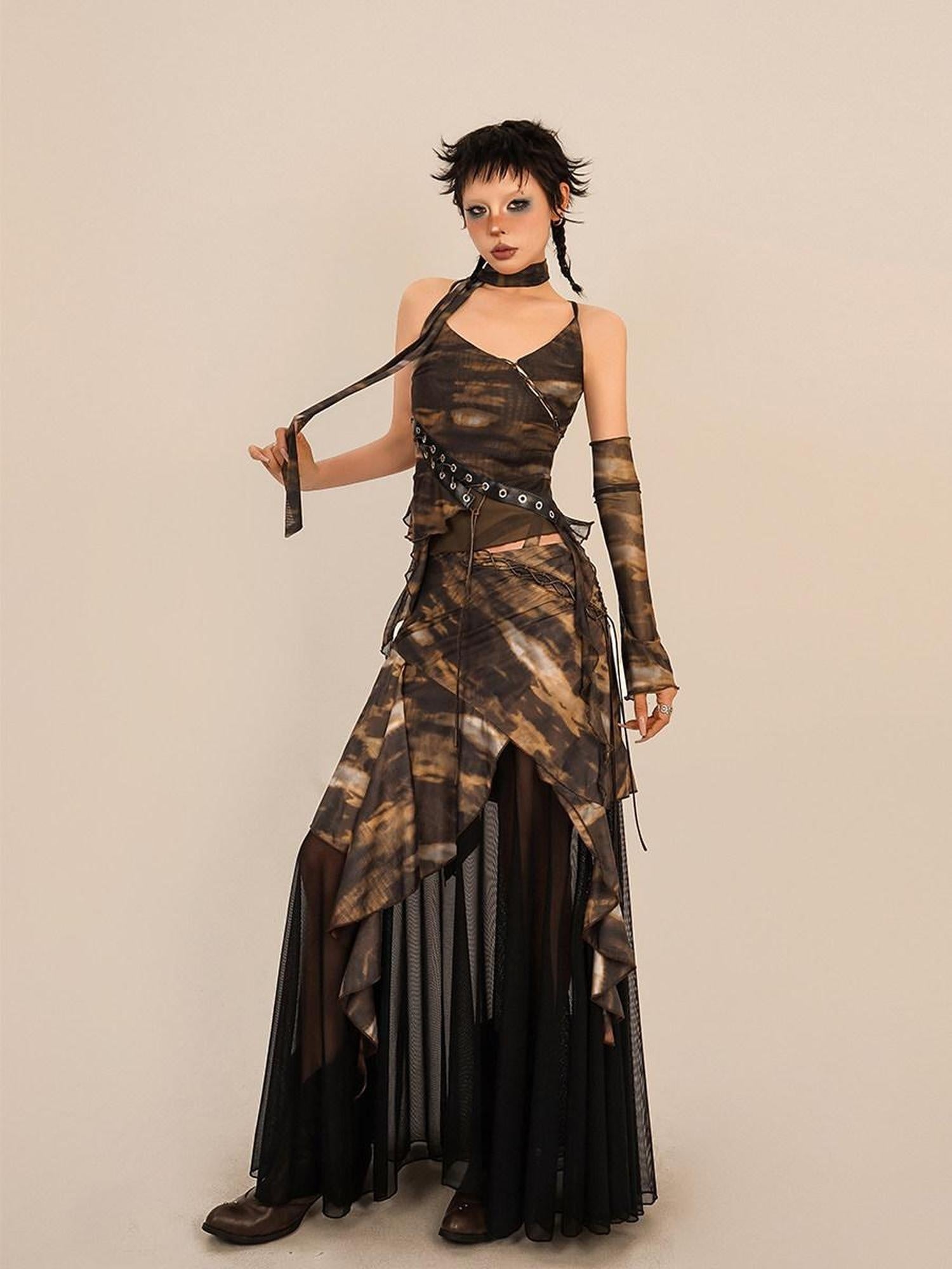Nico Molly Tie Dye Asymmetric High Waist Strappy Lined Streetwear A Line Maxi Skirts