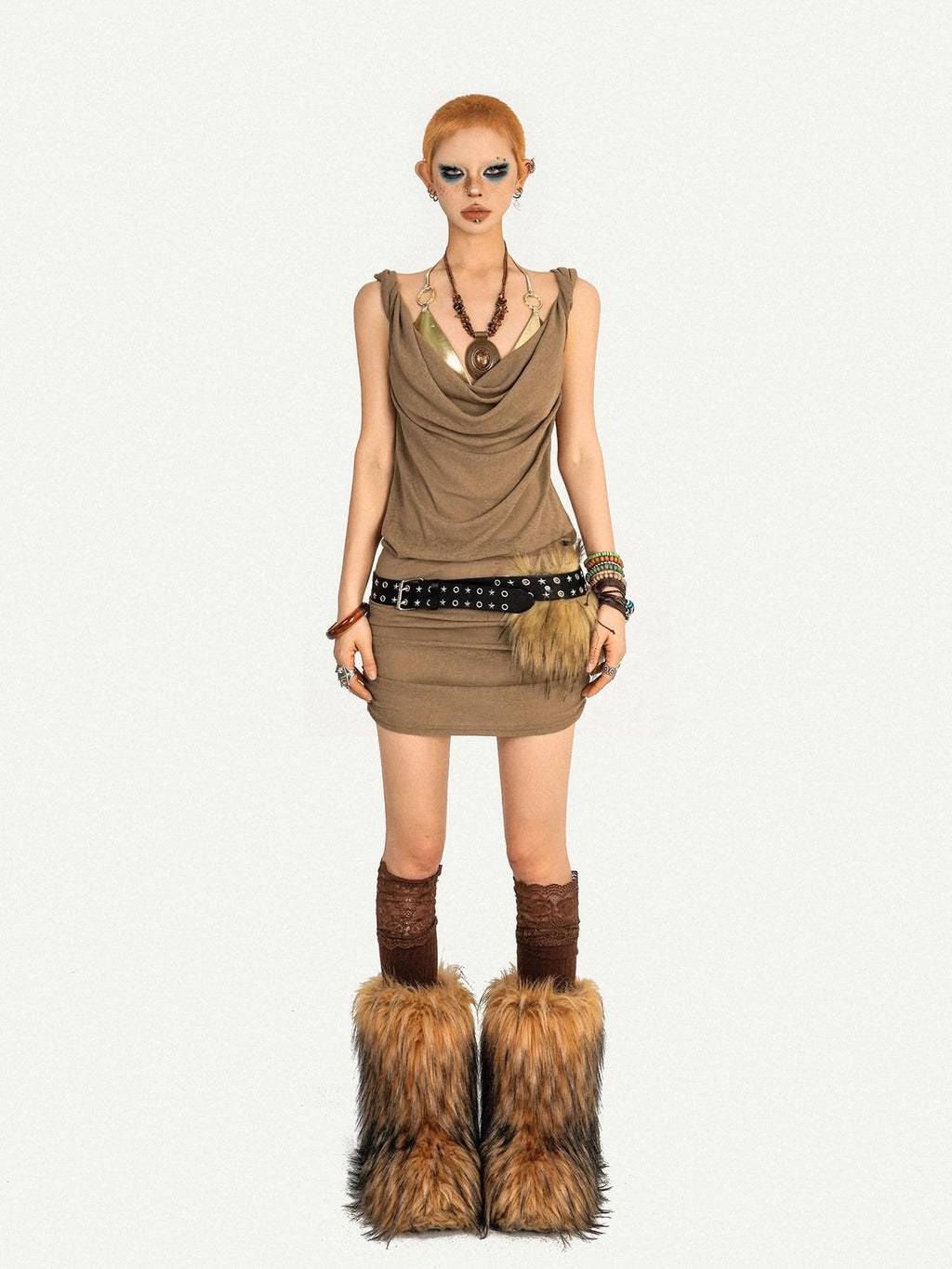 Nico Molly Vintage Camel Fitted Waist Sleeveless A Line Vest Casual Women Mini Dresses