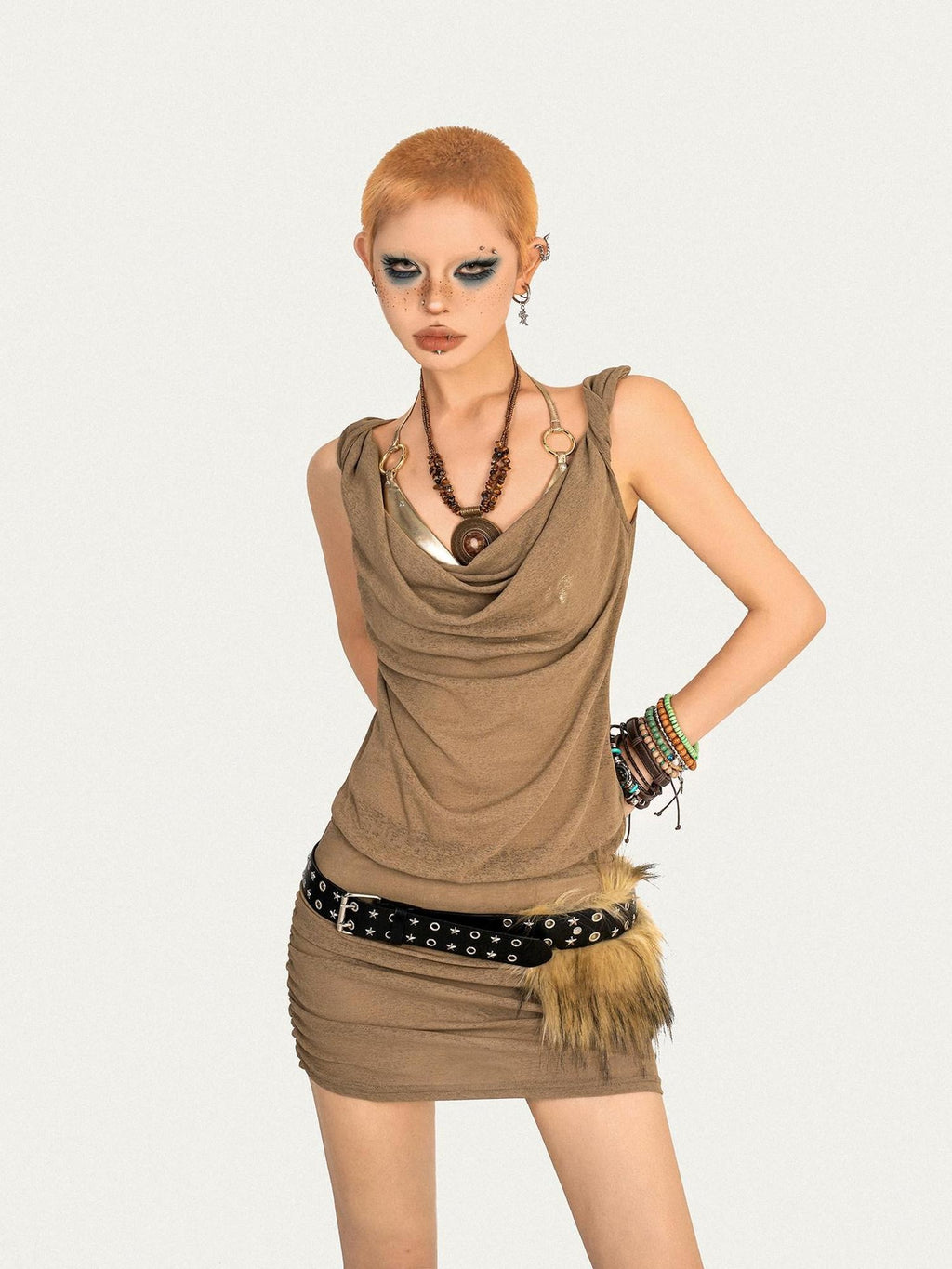 Nico Molly Vintage Camel Fitted Waist Sleeveless A Line Vest Casual Women Mini Dresses
