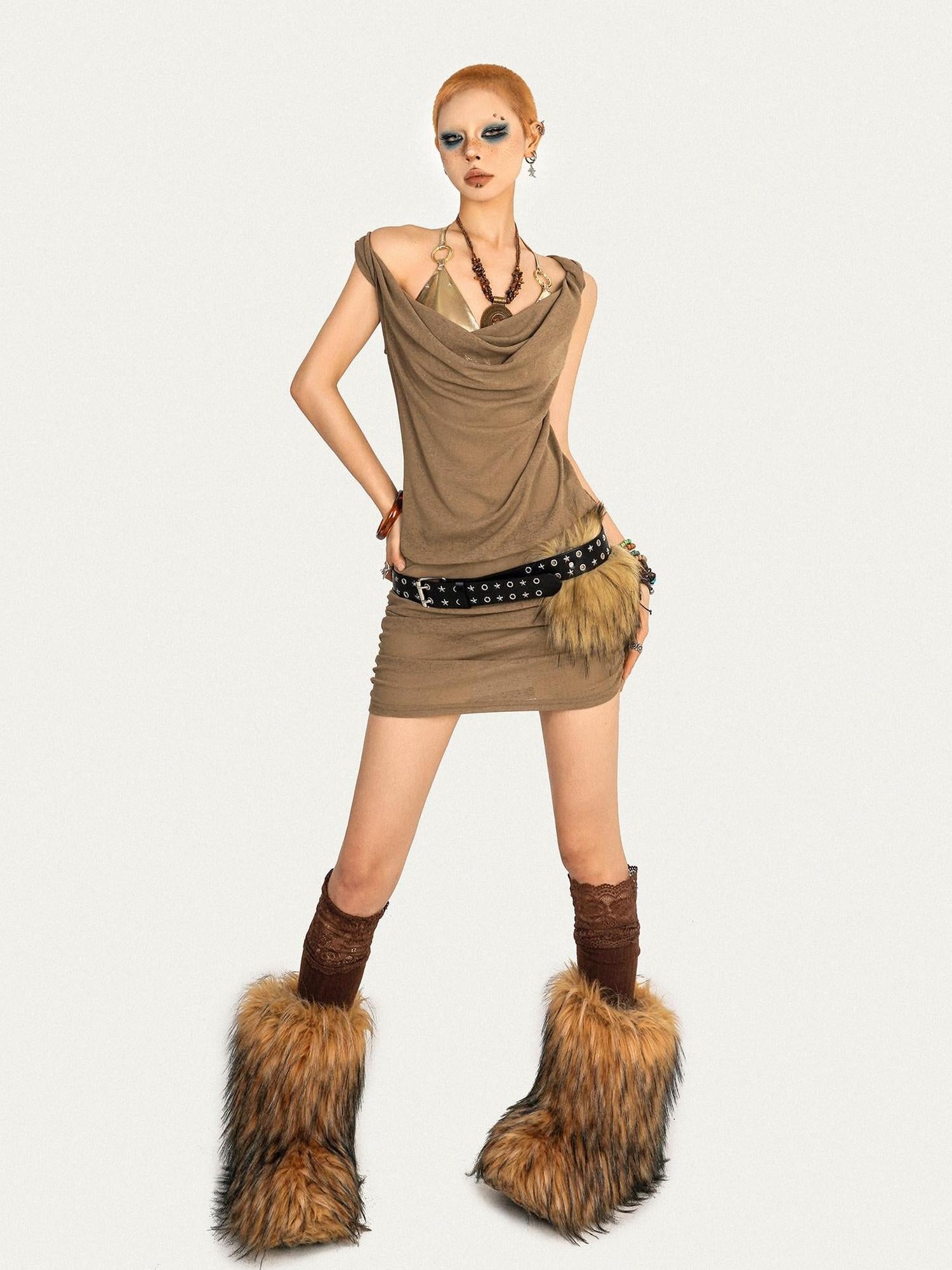 Nico Molly Vintage Camel Fitted Waist Sleeveless A Line Vest Casual Women Mini Dresses