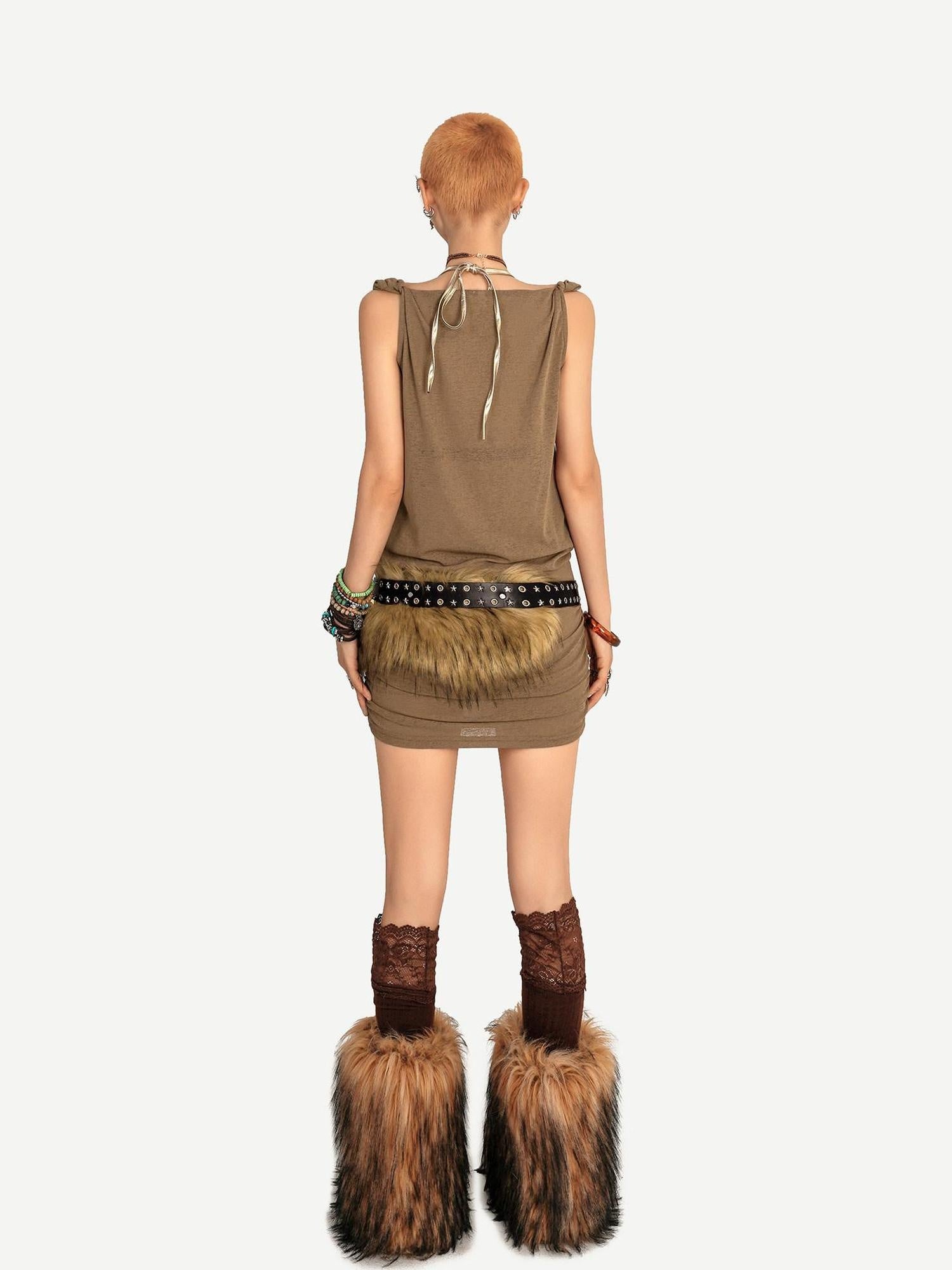 Nico Molly Vintage Camel Fitted Waist Sleeveless A Line Vest Casual Women Mini Dresses