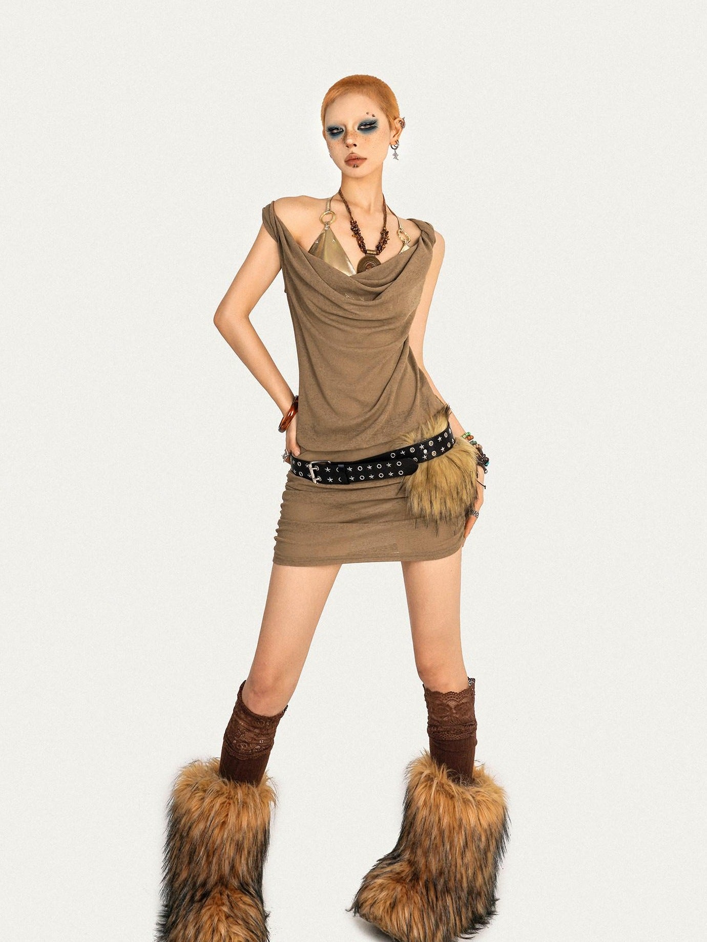 Nico Molly Vintage Camel Fitted Waist Sleeveless A Line Vest Casual Women Mini Dresses