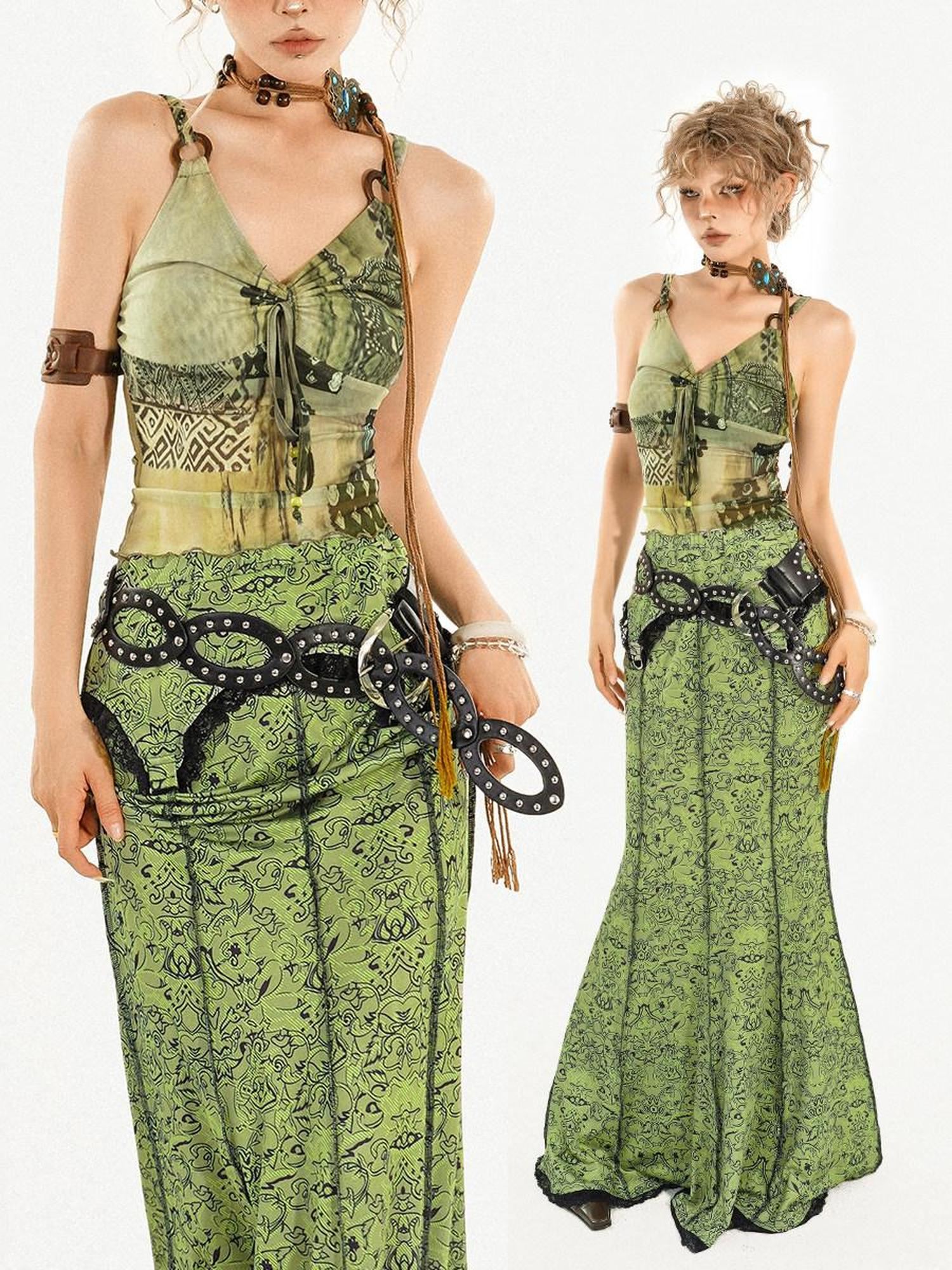 Nico Molly Vintage Camisole A Line Mid Waist Sleeveless Women Date Party Top & Skirt Sets
