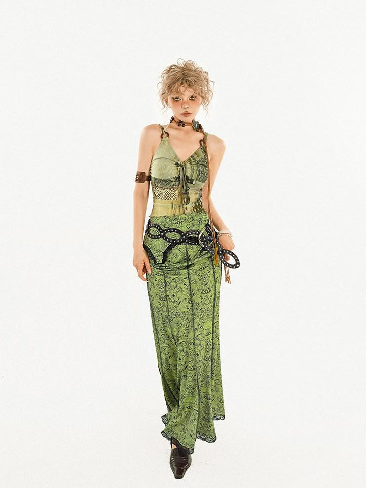 Nico Molly Vintage Camisole A Line Mid Waist Sleeveless Women Date Party Top & Skirt Sets