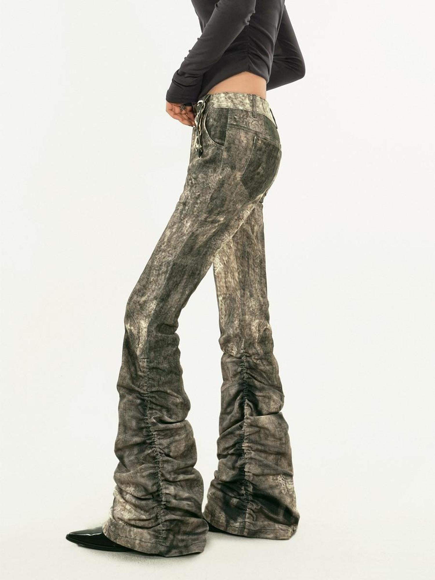Nico Molly Vintage Distressed Natural Waist Tie Women Retro Dark Stretch Flared Jeans