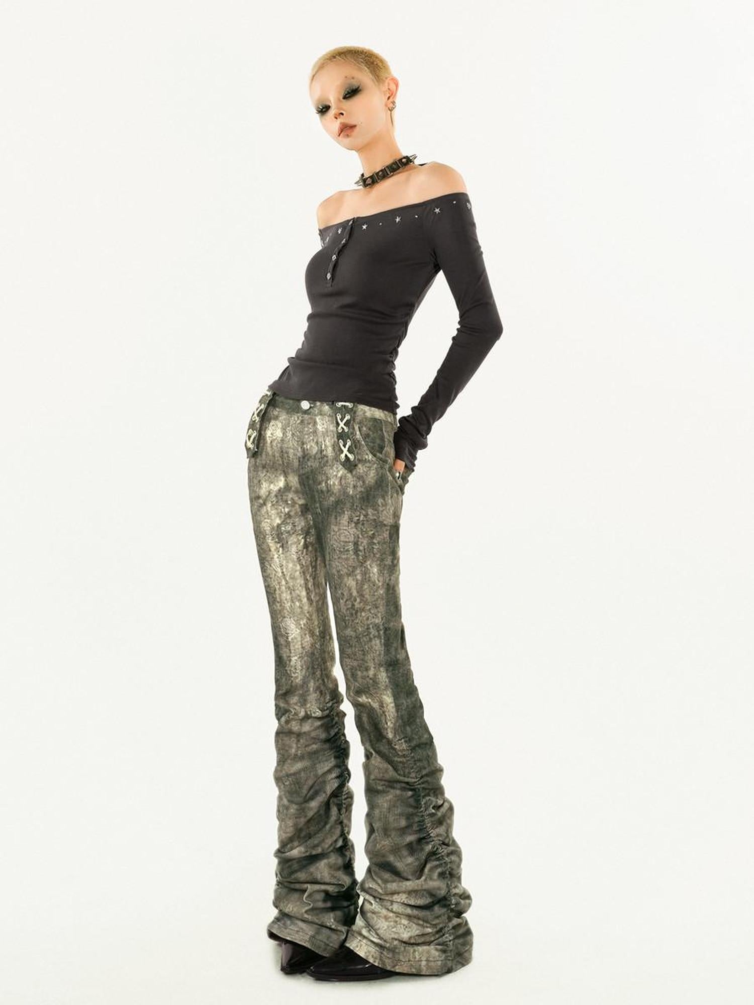 Nico Molly Vintage Distressed Natural Waist Tie Women Retro Dark Stretch Flared Jeans