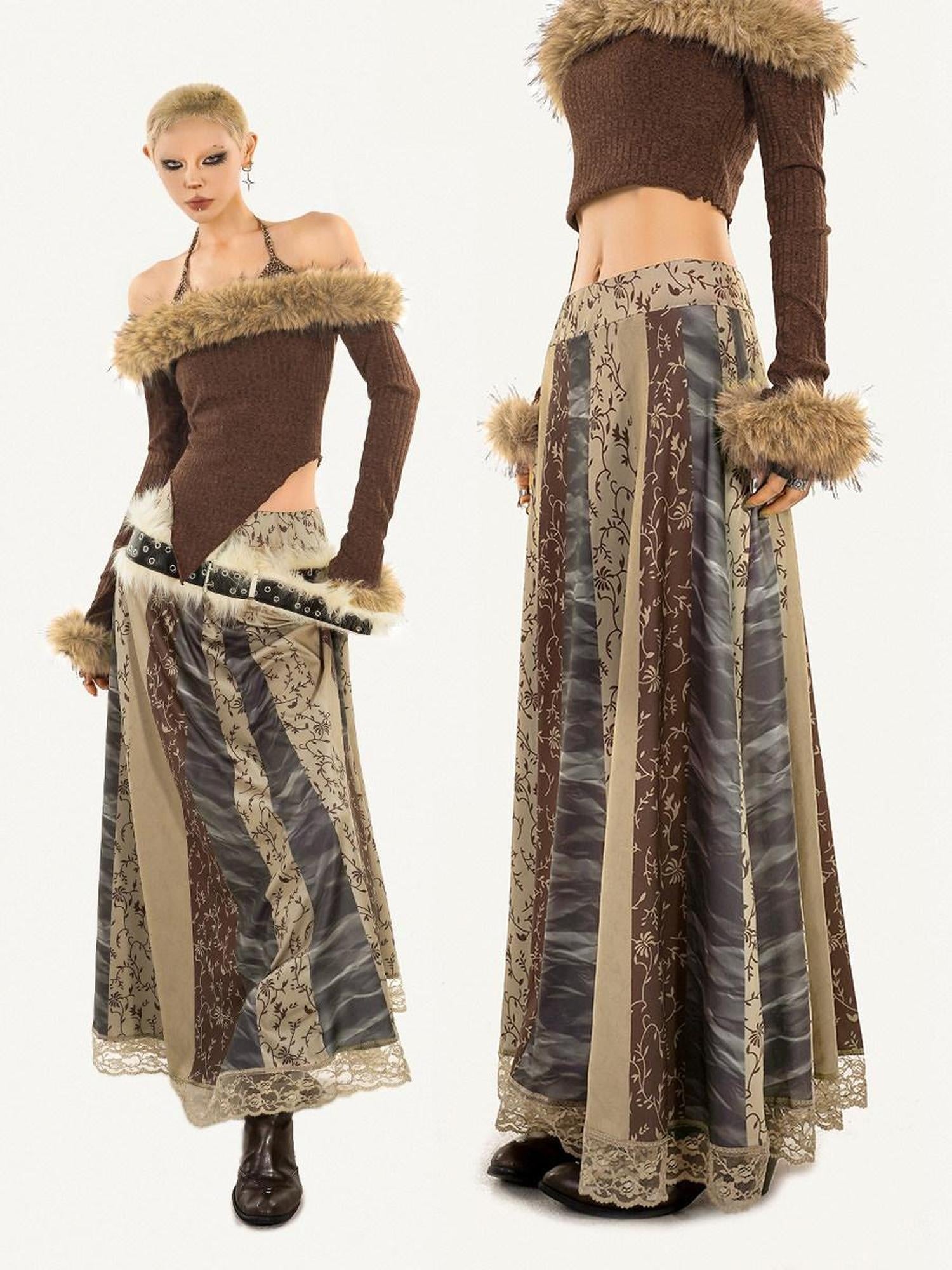 Nico Molly Vintage Lace A Line Mid Waist Loose Fit Floral Print Hanfu Ladies Maxi Skirts