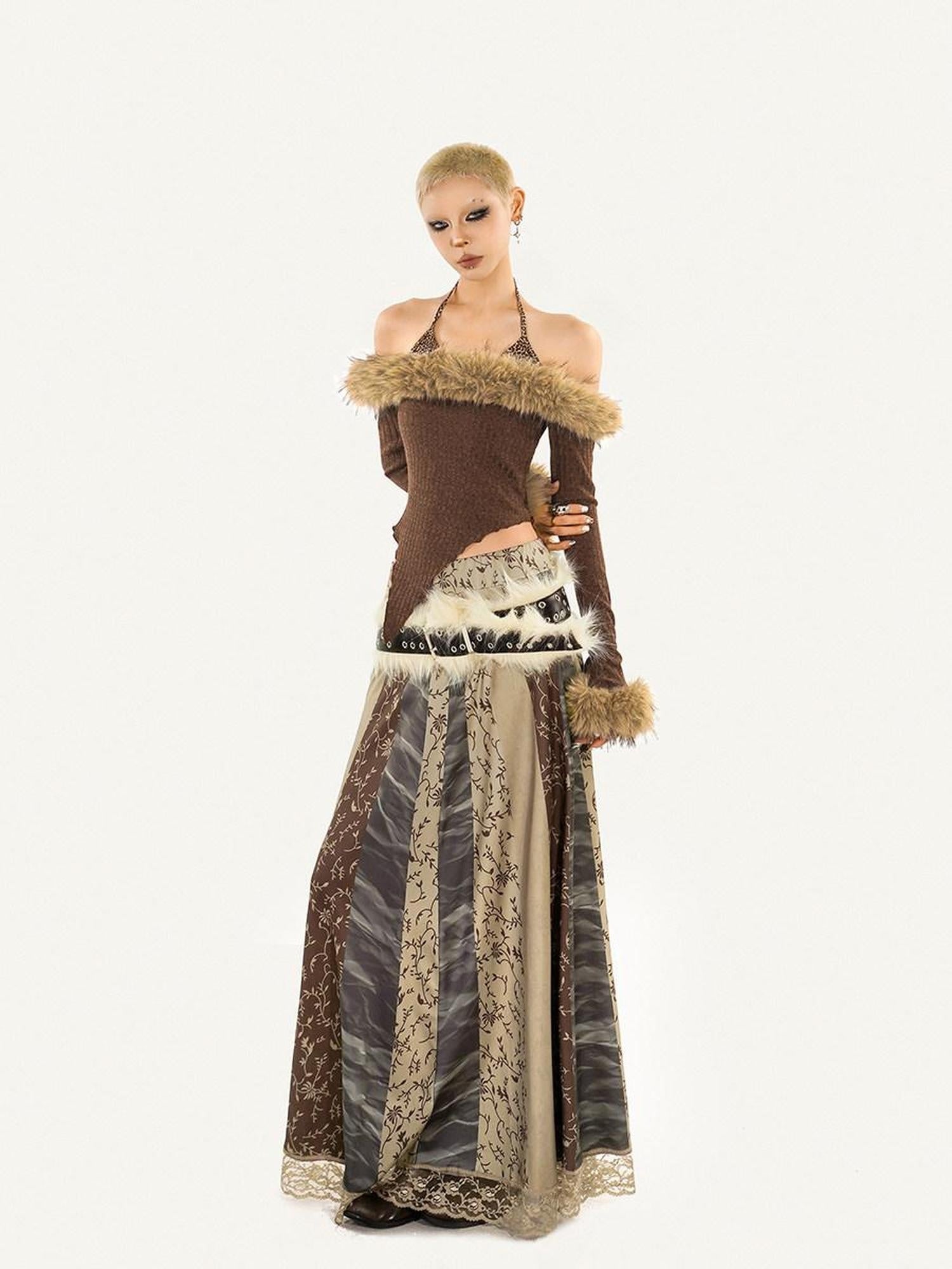 Nico Molly Vintage Lace A Line Mid Waist Loose Fit Floral Print Hanfu Ladies Maxi Skirts