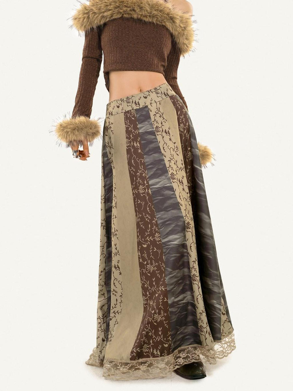Nico Molly Vintage Lace A Line Mid Waist Loose Fit Floral Print Hanfu Ladies Maxi Skirts