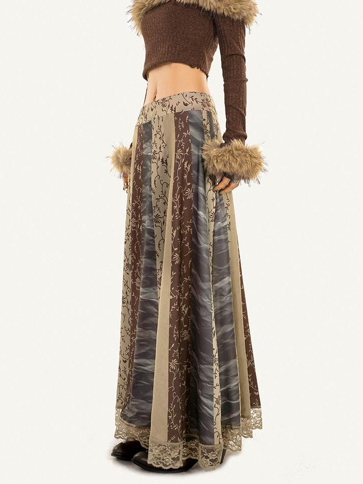Nico Molly Vintage Lace A Line Mid Waist Loose Fit Floral Print Hanfu Ladies Maxi Skirts