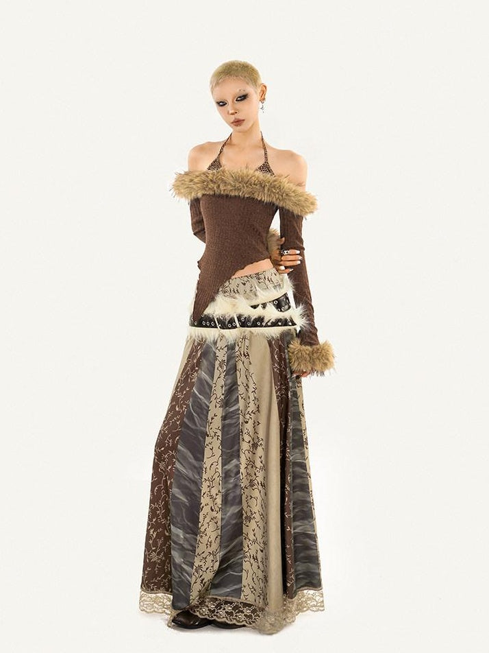 Nico Molly Vintage Lace A Line Mid Waist Loose Fit Floral Print Hanfu Ladies Maxi Skirts
