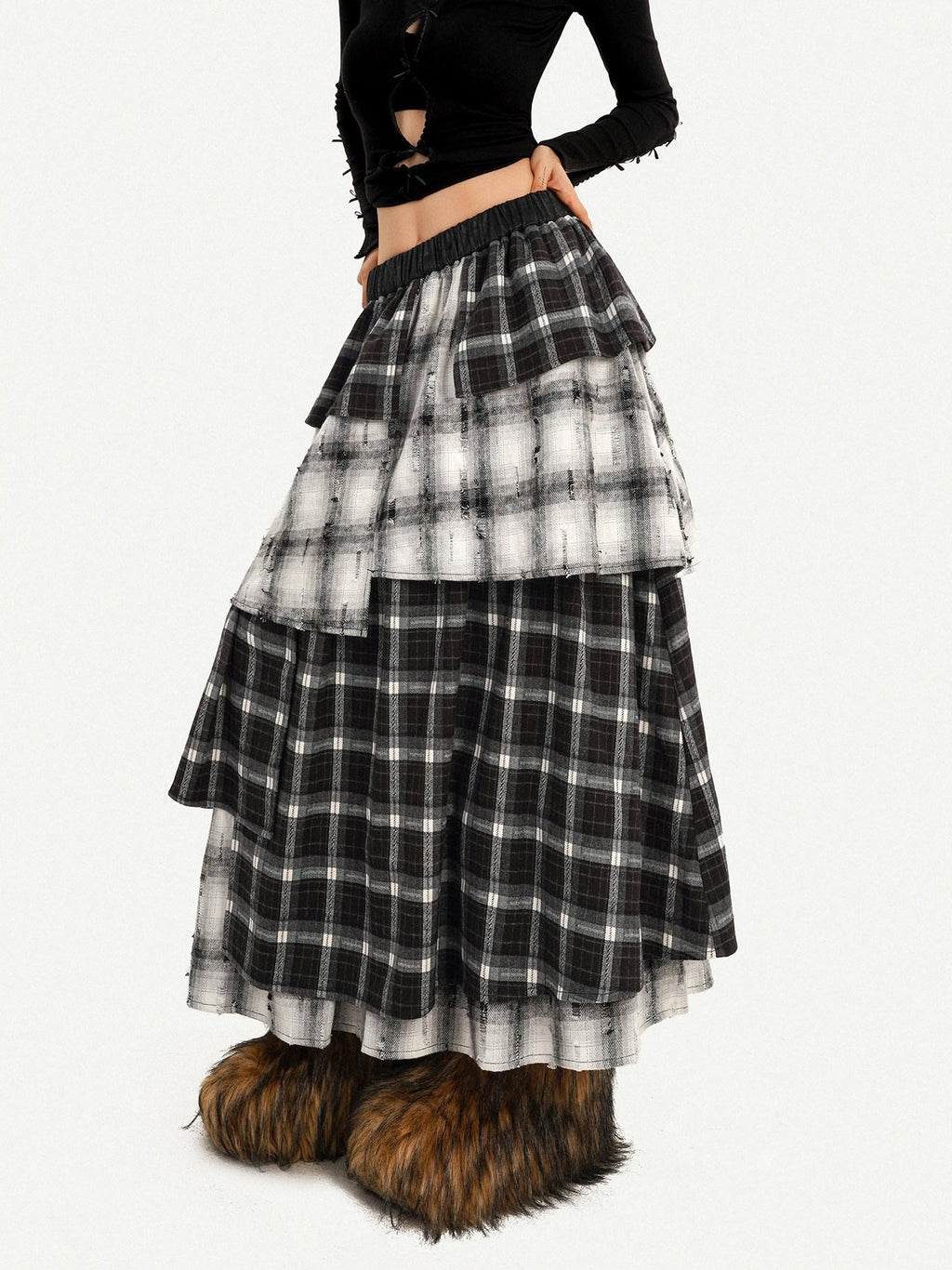 Nico Molly Vintage Layered High Waist Irregular Hem Women Casual Maxi Skirts