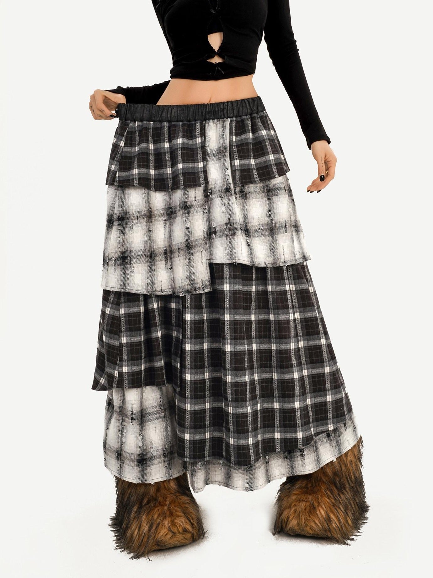 Nico Molly Vintage Layered High Waist Irregular Hem Women Casual Maxi Skirts
